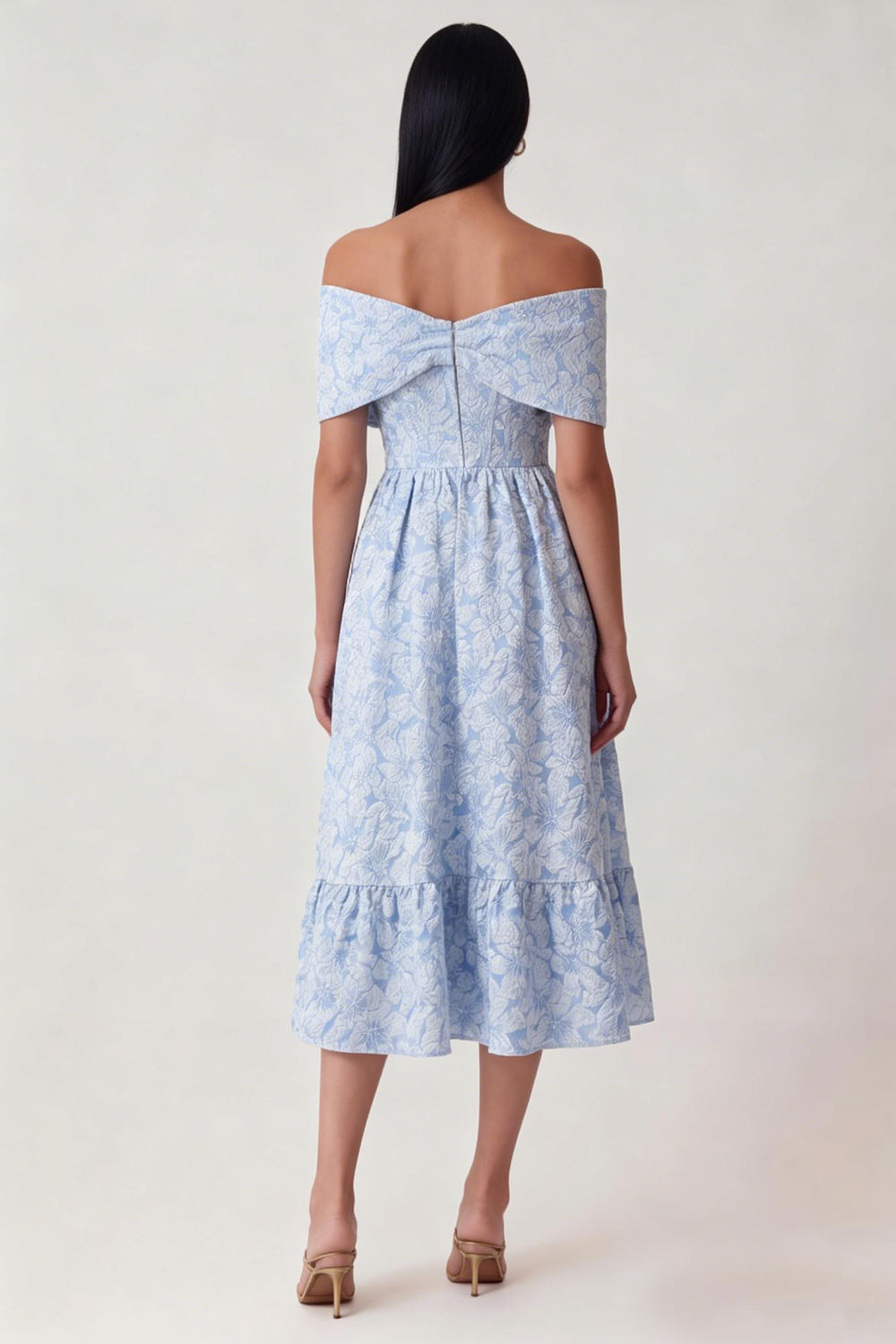 Elegant Blue Off The Shoulder A Line Midi Floral Formal Dress with Bow