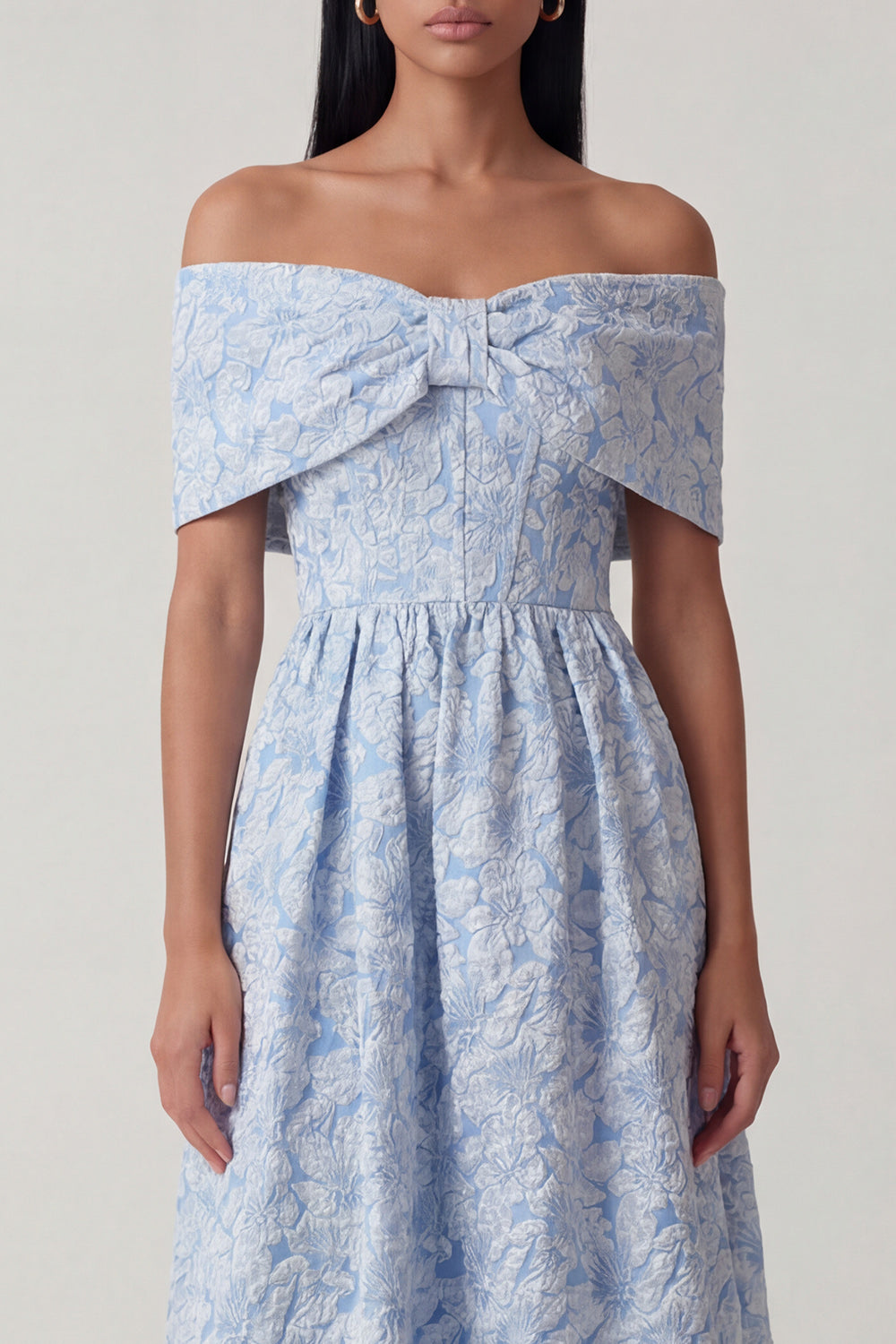 Elegant Blue Off The Shoulder A Line Midi Floral Formal Dress with Bow