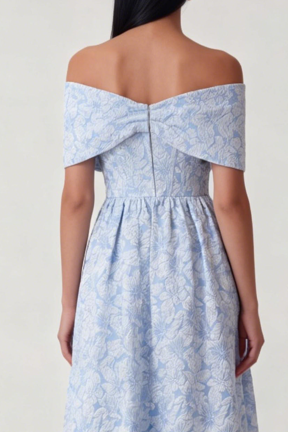 Elegant Blue Off The Shoulder A Line Midi Floral Formal Dress with Bow