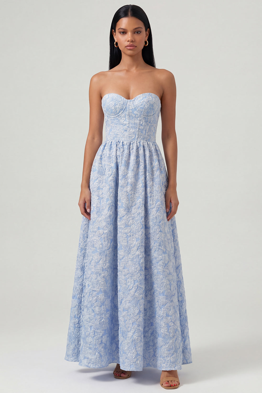 Blue Sweetheart Corset A Line Long Floral Formal Dress
