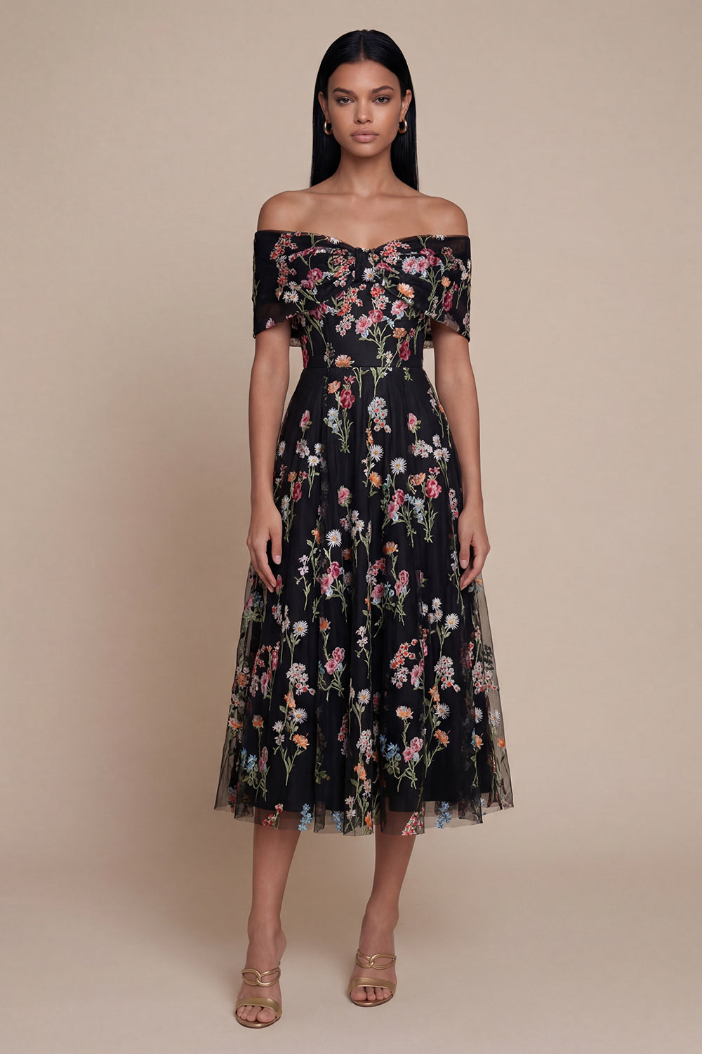 Floral White Tulle Corset Off The Shoulder A Line Midi Formal Dress