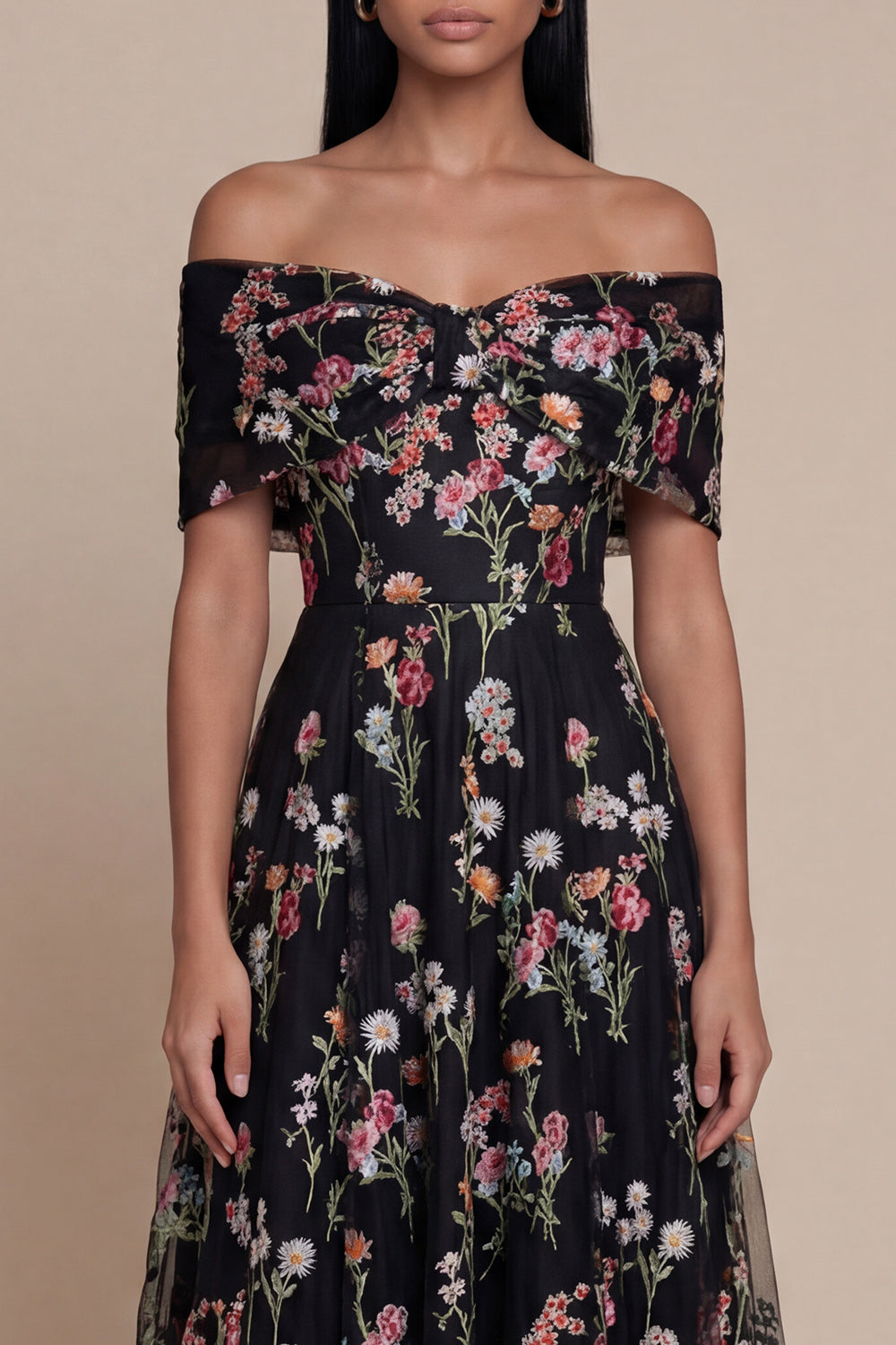Floral White Tulle Corset Off The Shoulder A Line Midi Formal Dress