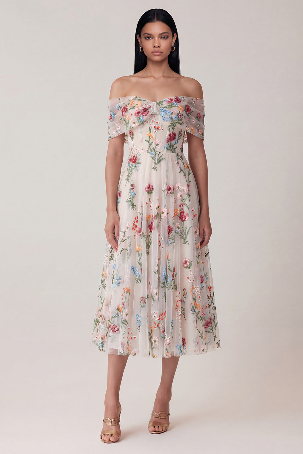 Floral White Tulle Corset Off The Shoulder A Line Midi Formal Dress