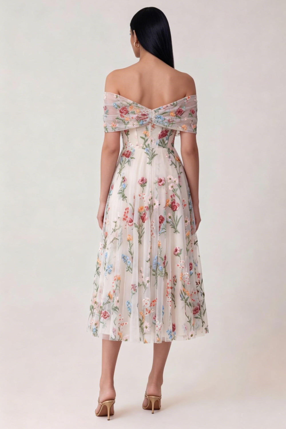 Floral White Tulle Corset Off The Shoulder A Line Midi Formal Dress