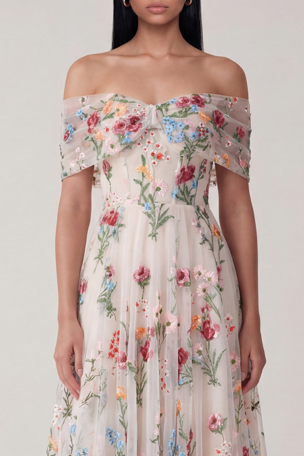 Floral White Tulle Corset Off The Shoulder A Line Midi Formal Dress