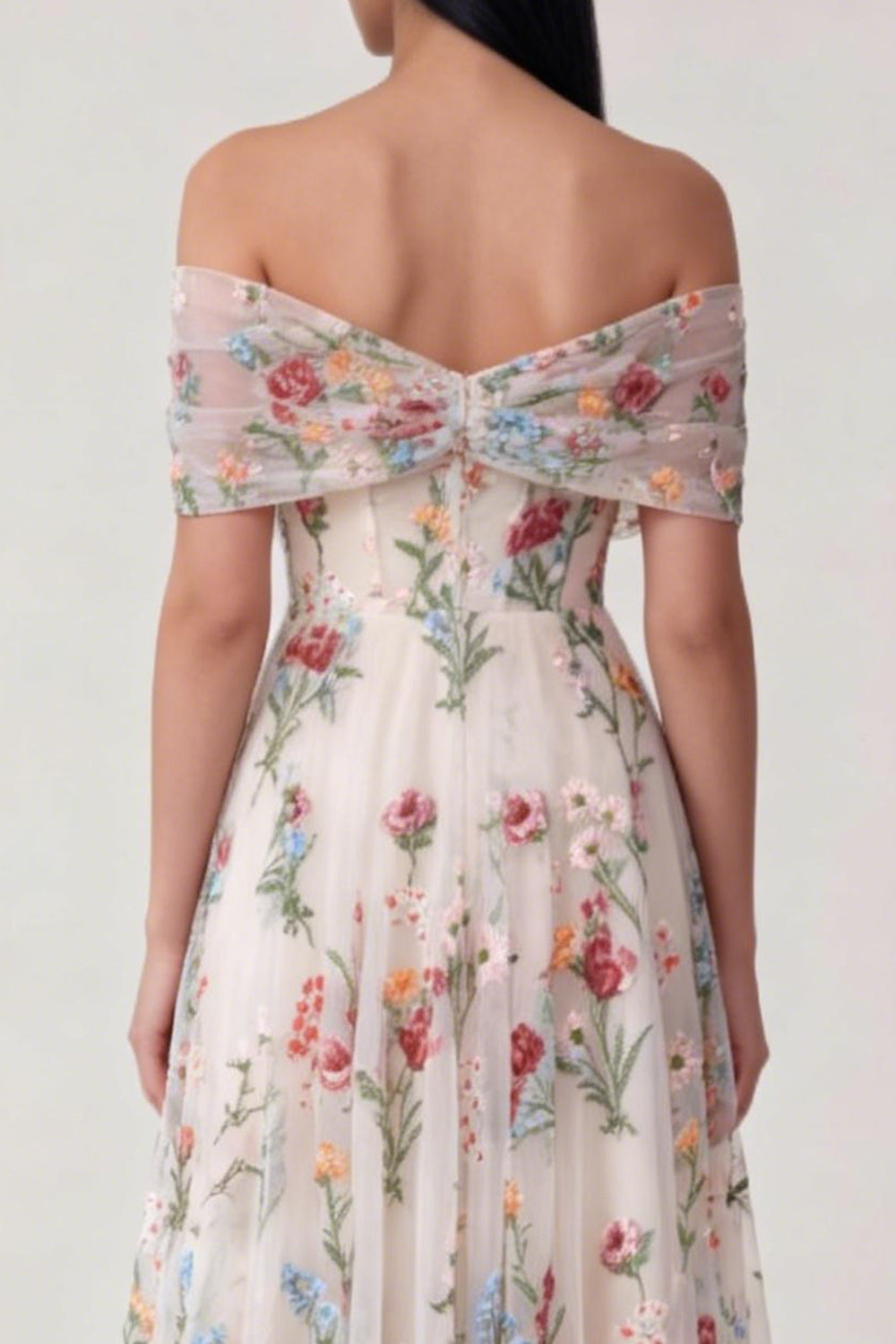 Floral White Tulle Corset Off The Shoulder A Line Midi Formal Dress