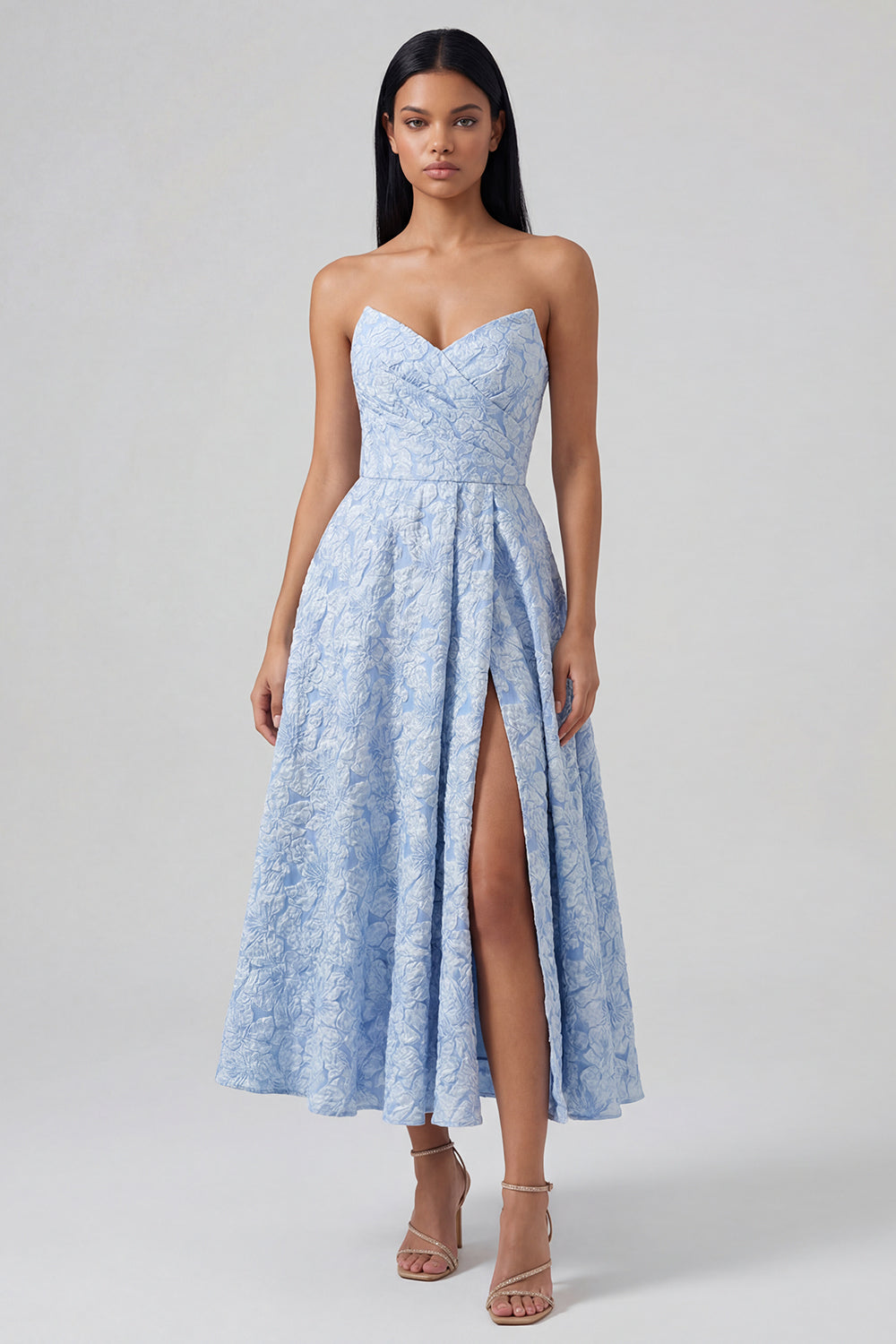Blue Floral Strapless A Line Long Formal Dress with Slit