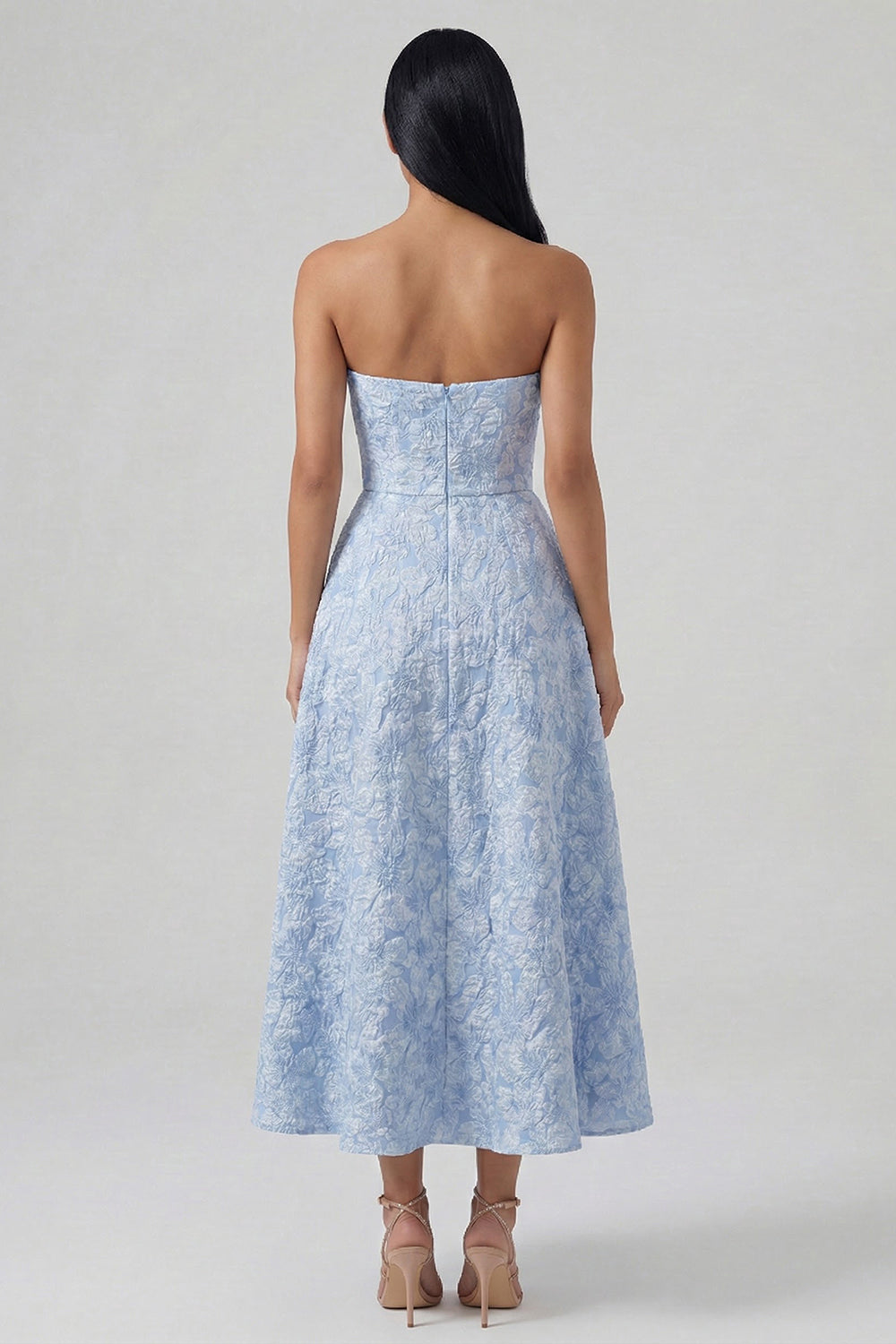 Blue Floral Strapless A Line Long Formal Dress with Slit