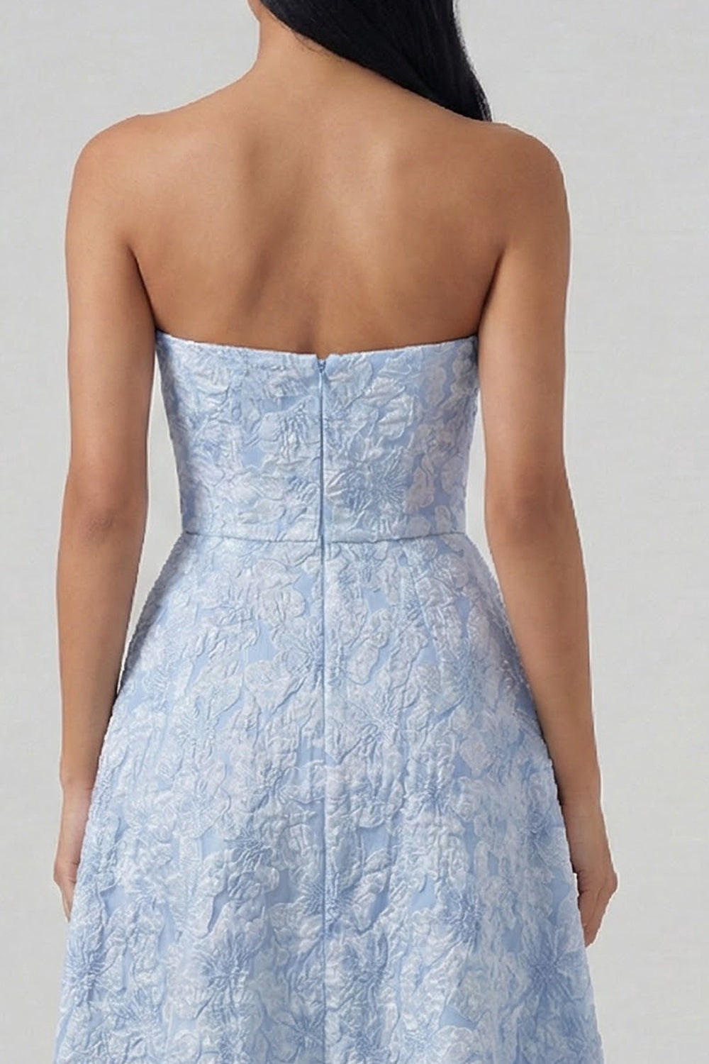Blue Floral Strapless A Line Long Formal Dress with Slit