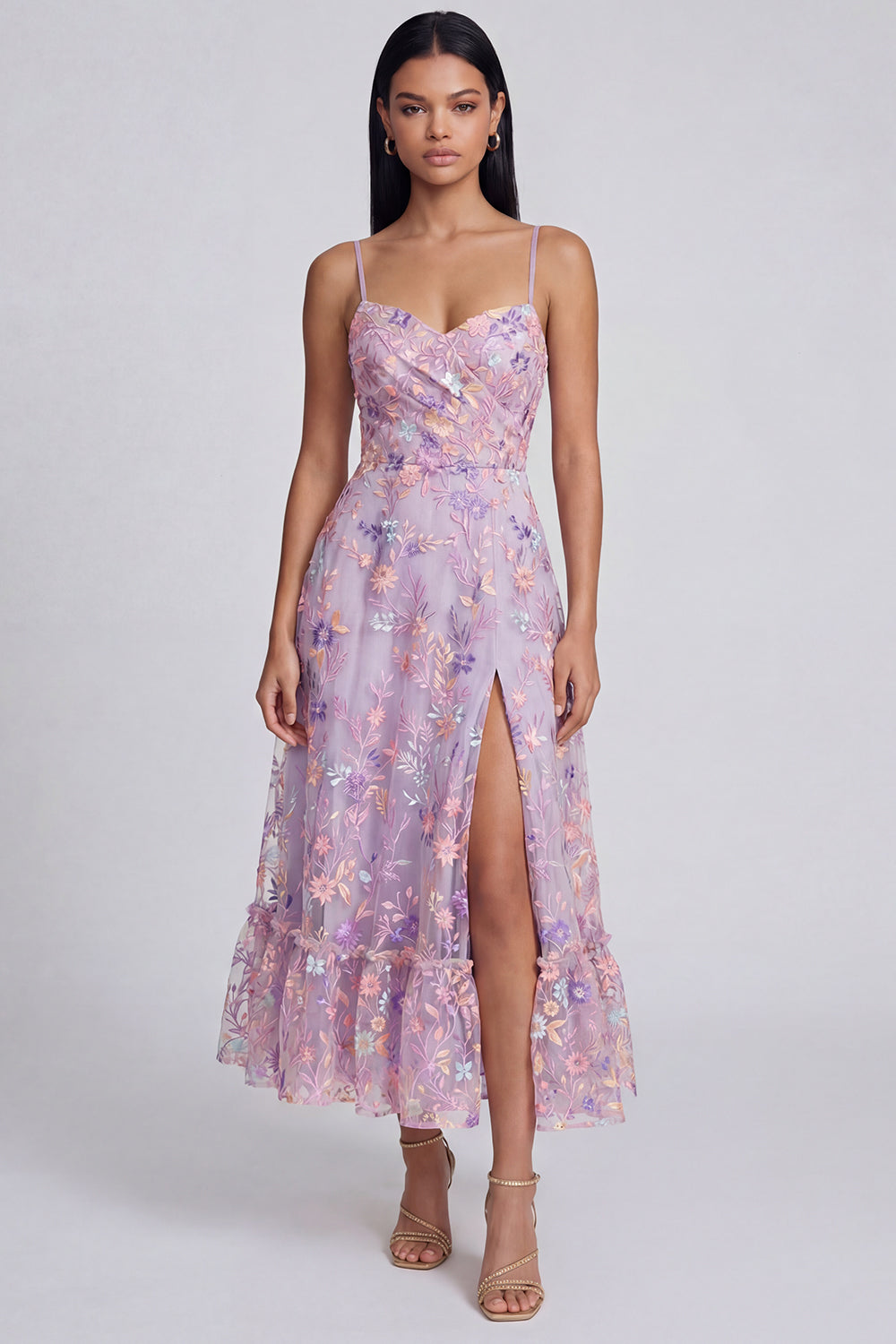 Floral Lilac Tulle Spaghetti Straps A Line Long Formal Dress with Slit