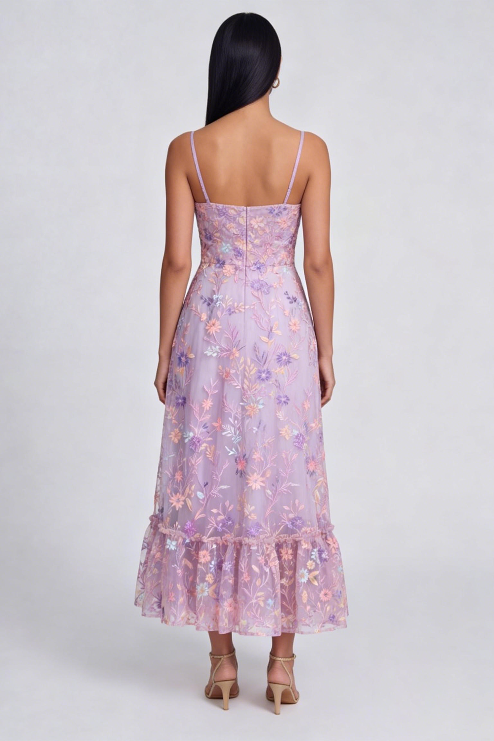 Floral Lilac Tulle Spaghetti Straps A Line Long Formal Dress with Slit