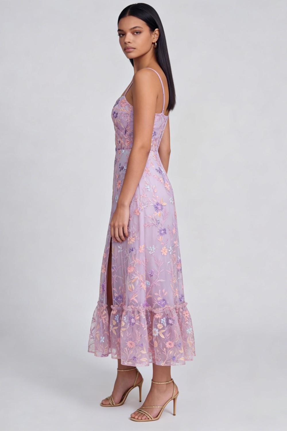 Floral Lilac Tulle Spaghetti Straps A Line Long Formal Dress with Slit