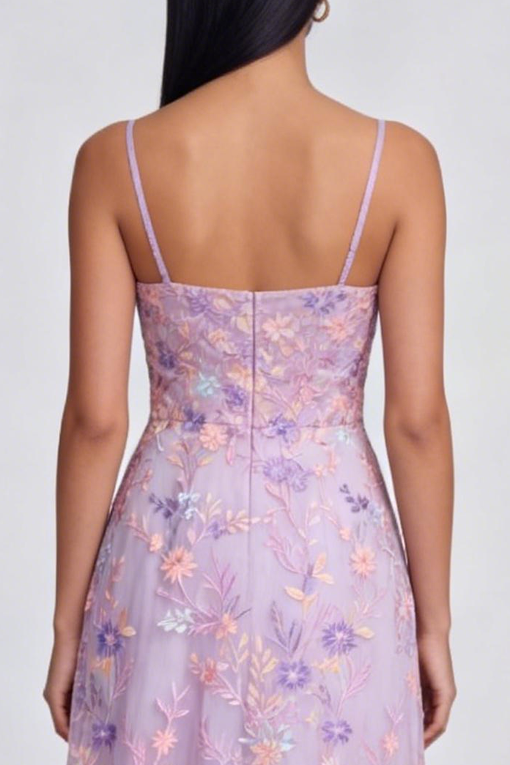 Floral Lilac Tulle Spaghetti Straps A Line Long Formal Dress with Slit