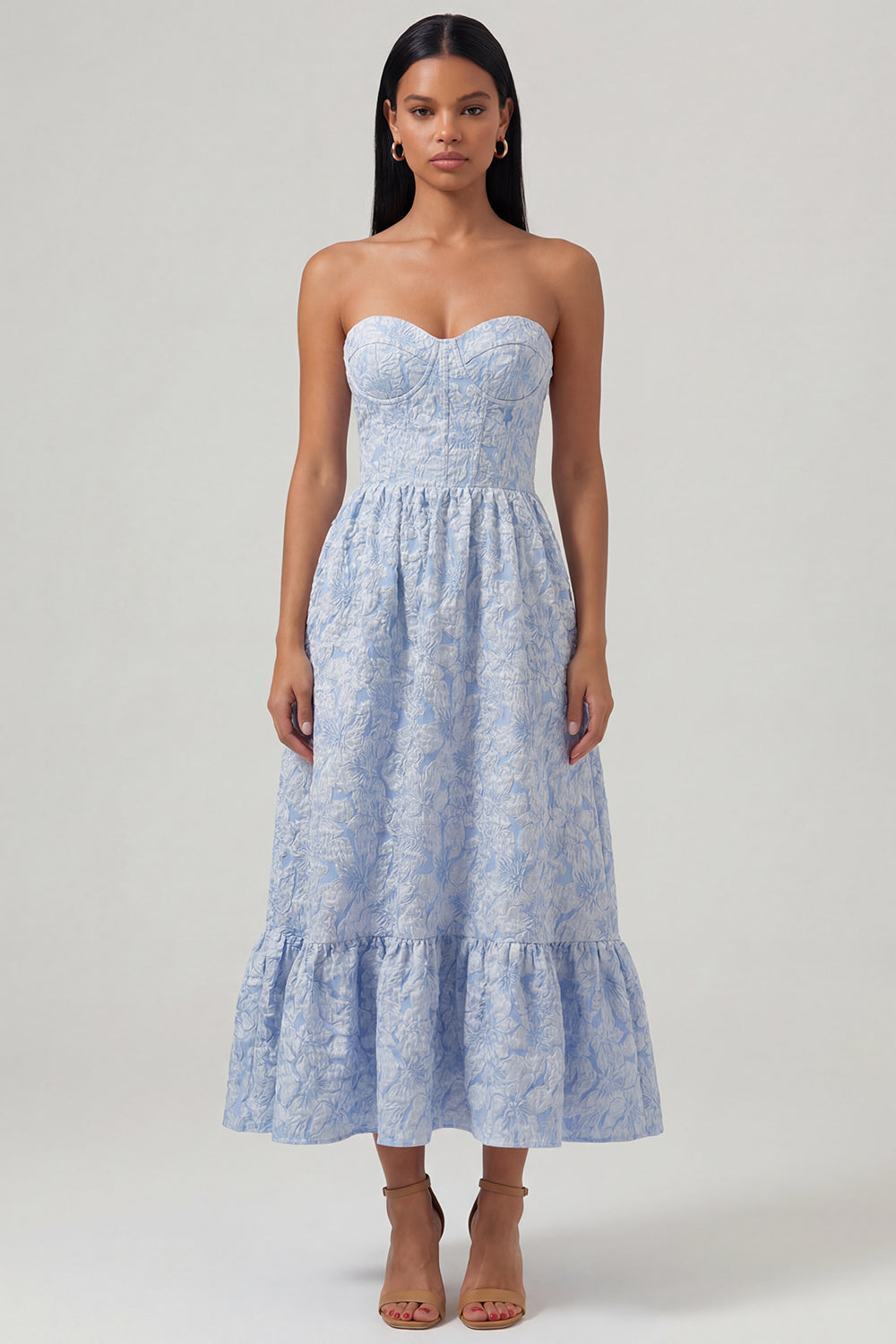 Floral Blue Sweetheart A Line Long Corset Formal Dress with Ruffles