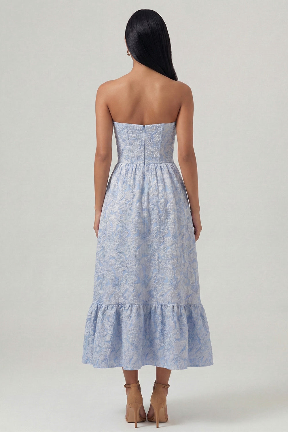 Floral Blue Sweetheart A Line Long Corset Formal Dress with Ruffles