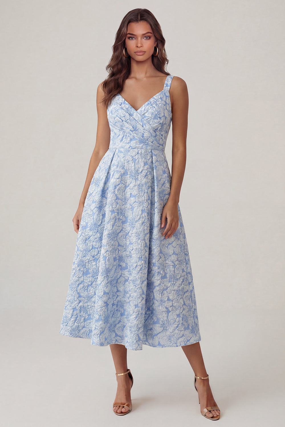 Floral Blue Thick Straps A Line Ruched Midi Formal Dress