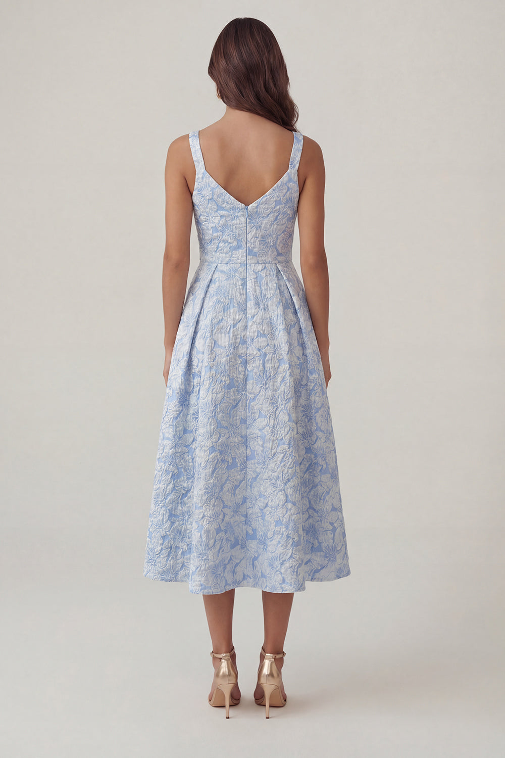 Floral Blue Thick Straps A Line Ruched Midi Formal Dress
