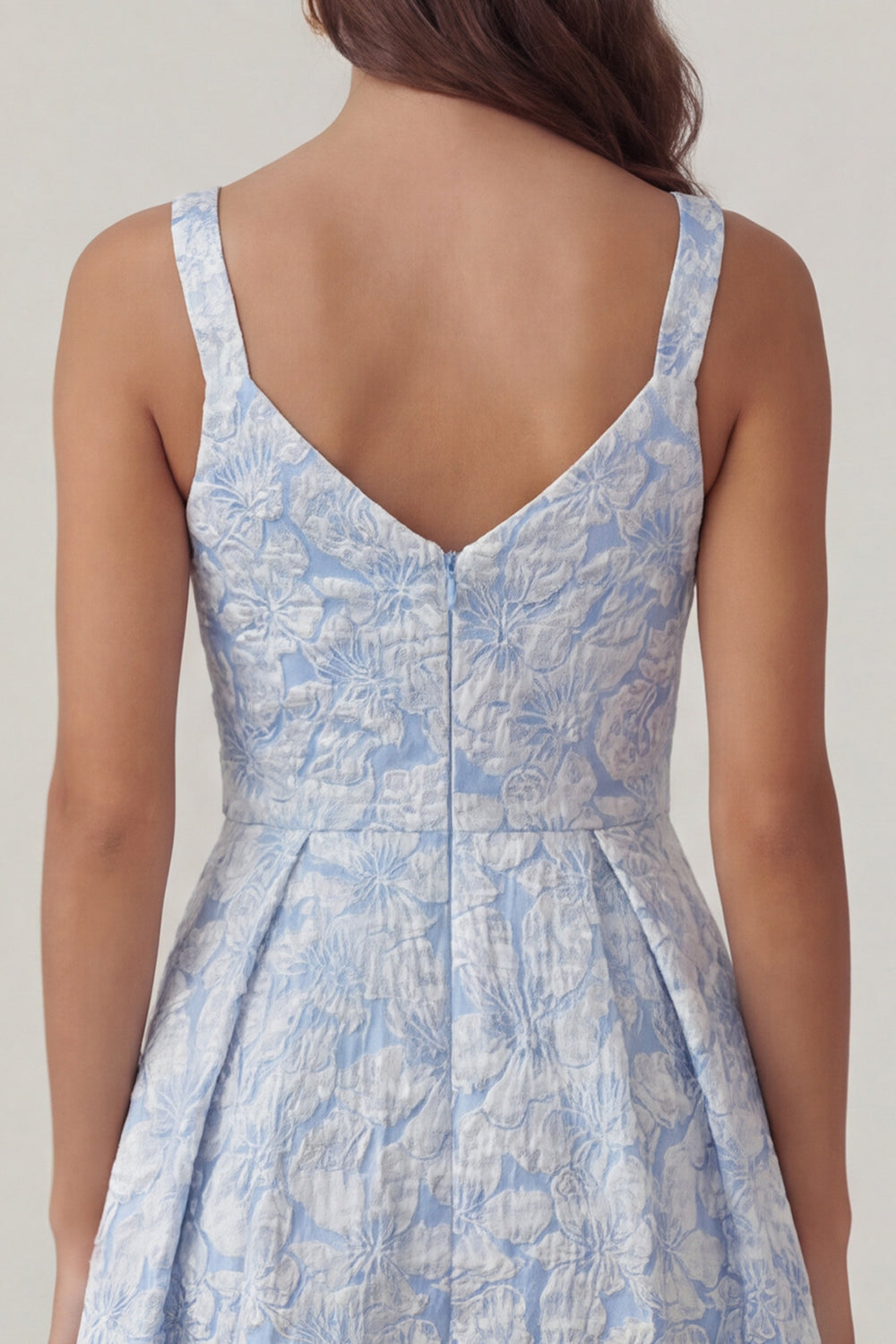 Floral Blue Thick Straps A Line Ruched Midi Formal Dress