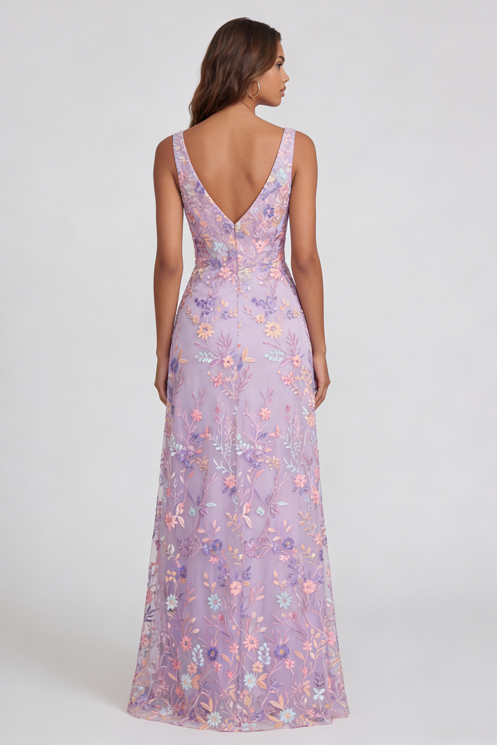 Floral Lilac Tulle V-Neck Long Mermaid Formal Dress with Slit