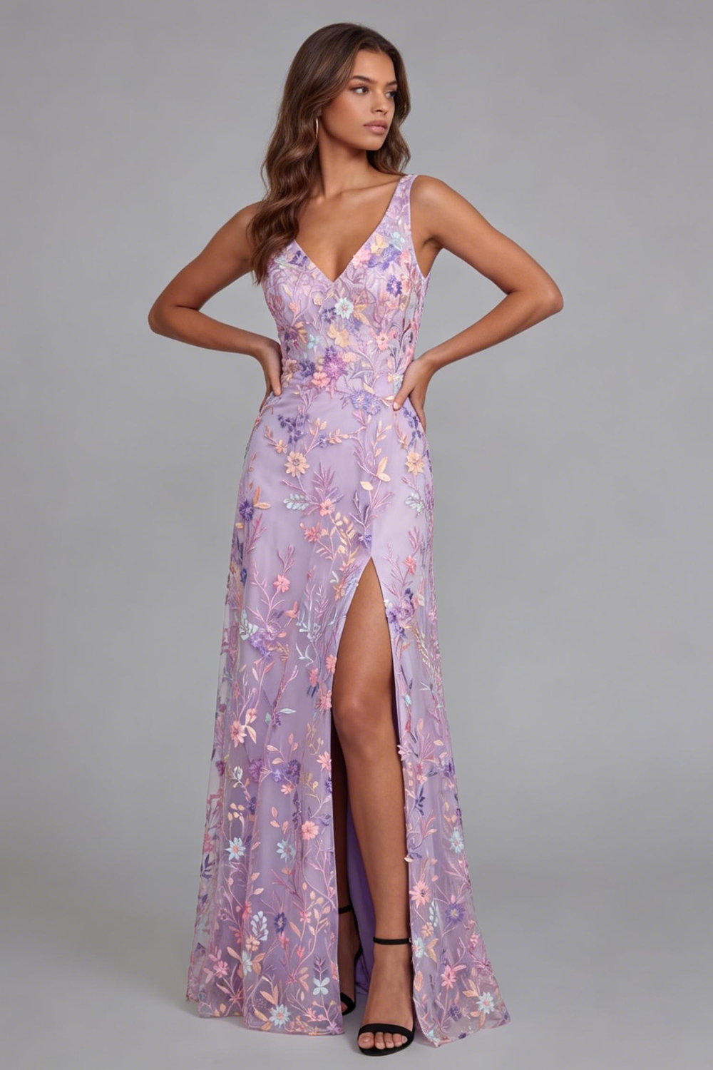 Floral Lilac Tulle V-Neck Long Mermaid Formal Dress with Slit