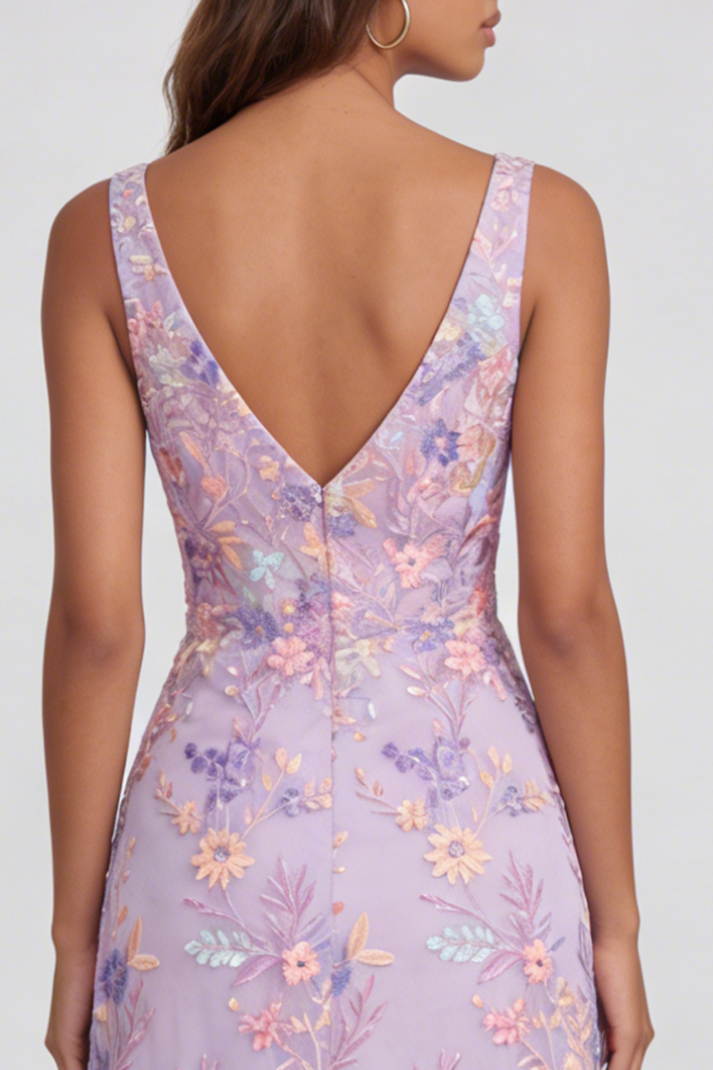 Floral Lilac Tulle V-Neck Long Mermaid Formal Dress with Slit
