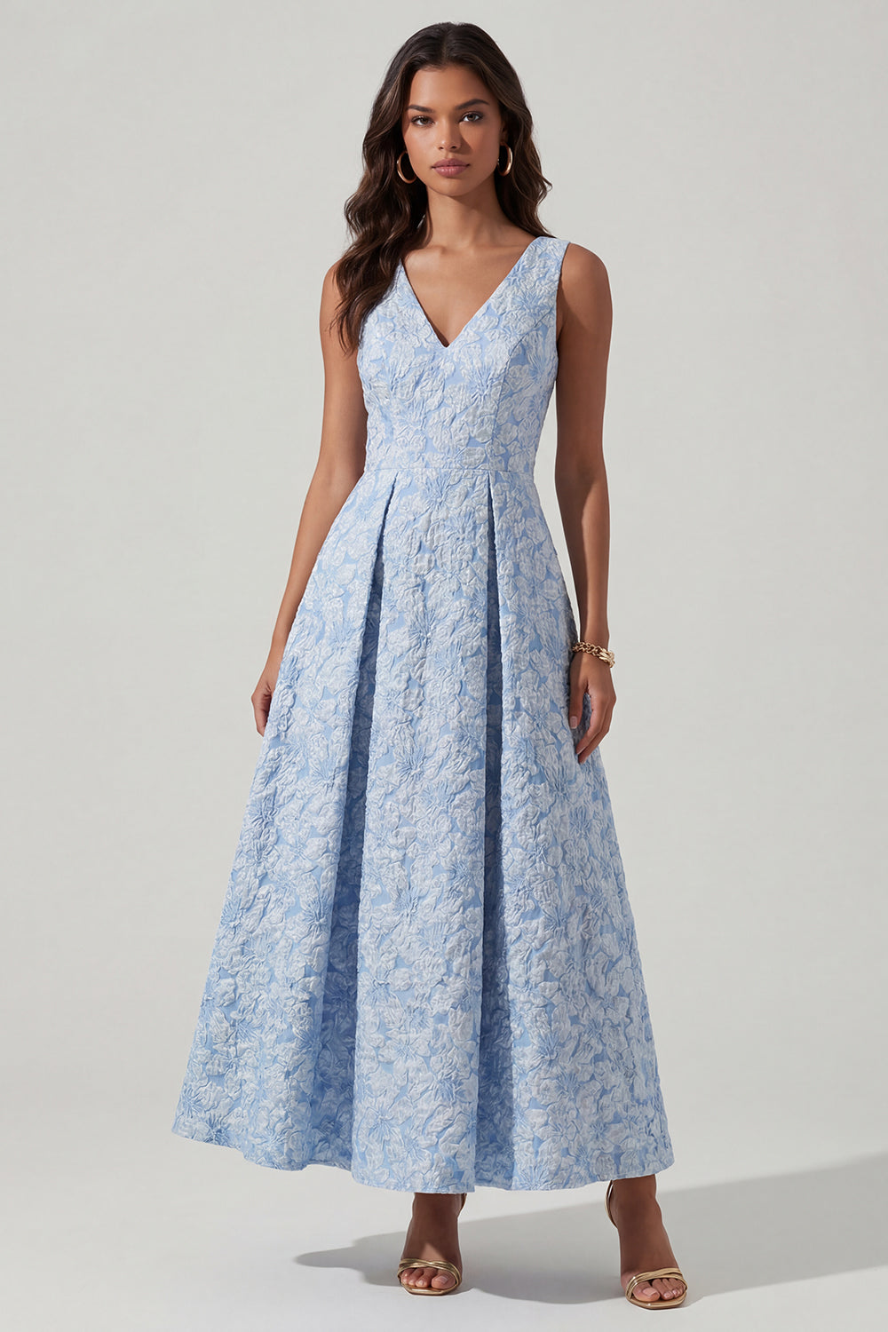 Blue Jacquard V-Neck A Line Ruched Long Floral Formal Dress