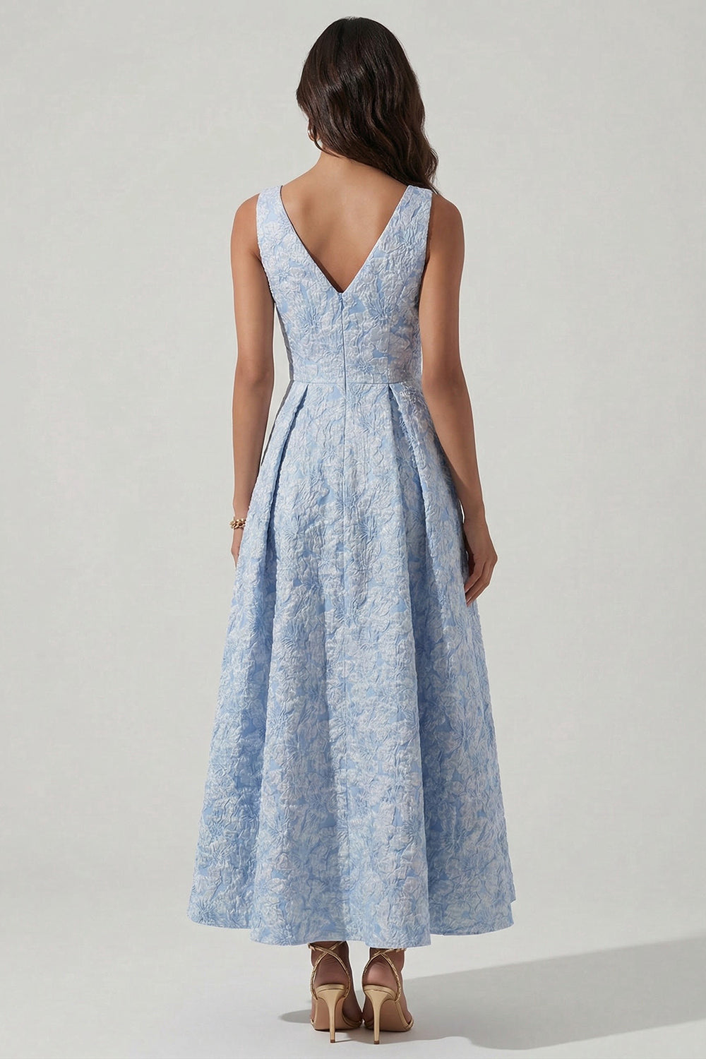 Blue Jacquard V-Neck A Line Ruched Long Floral Formal Dress