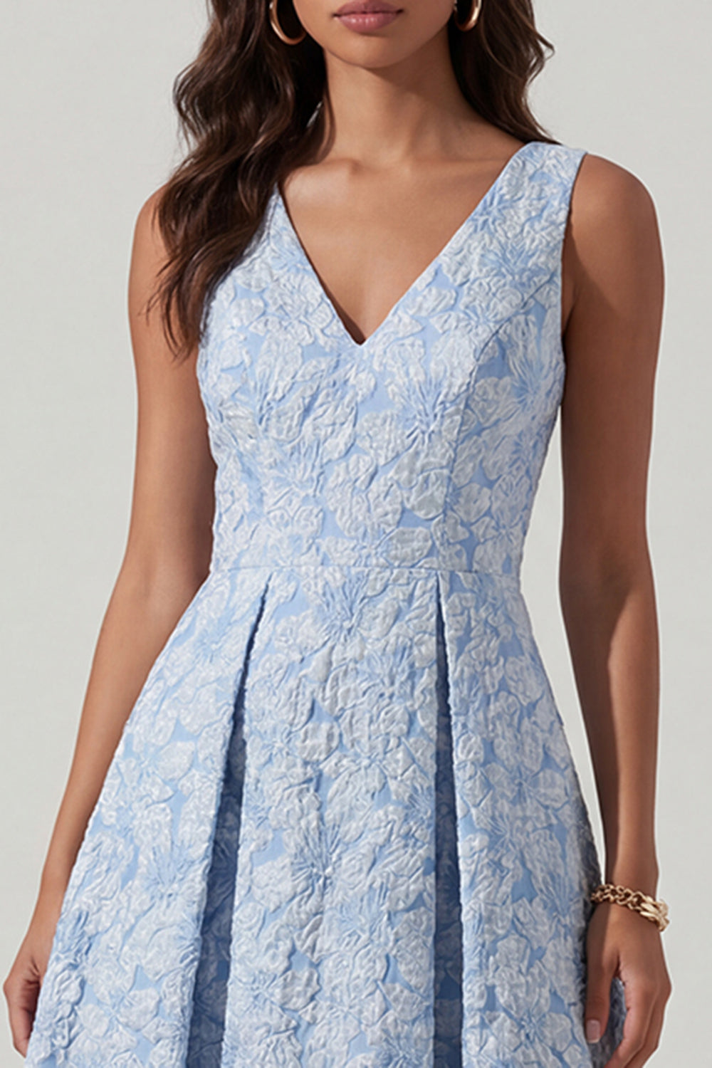 Blue Jacquard V-Neck A Line Ruched Long Floral Formal Dress