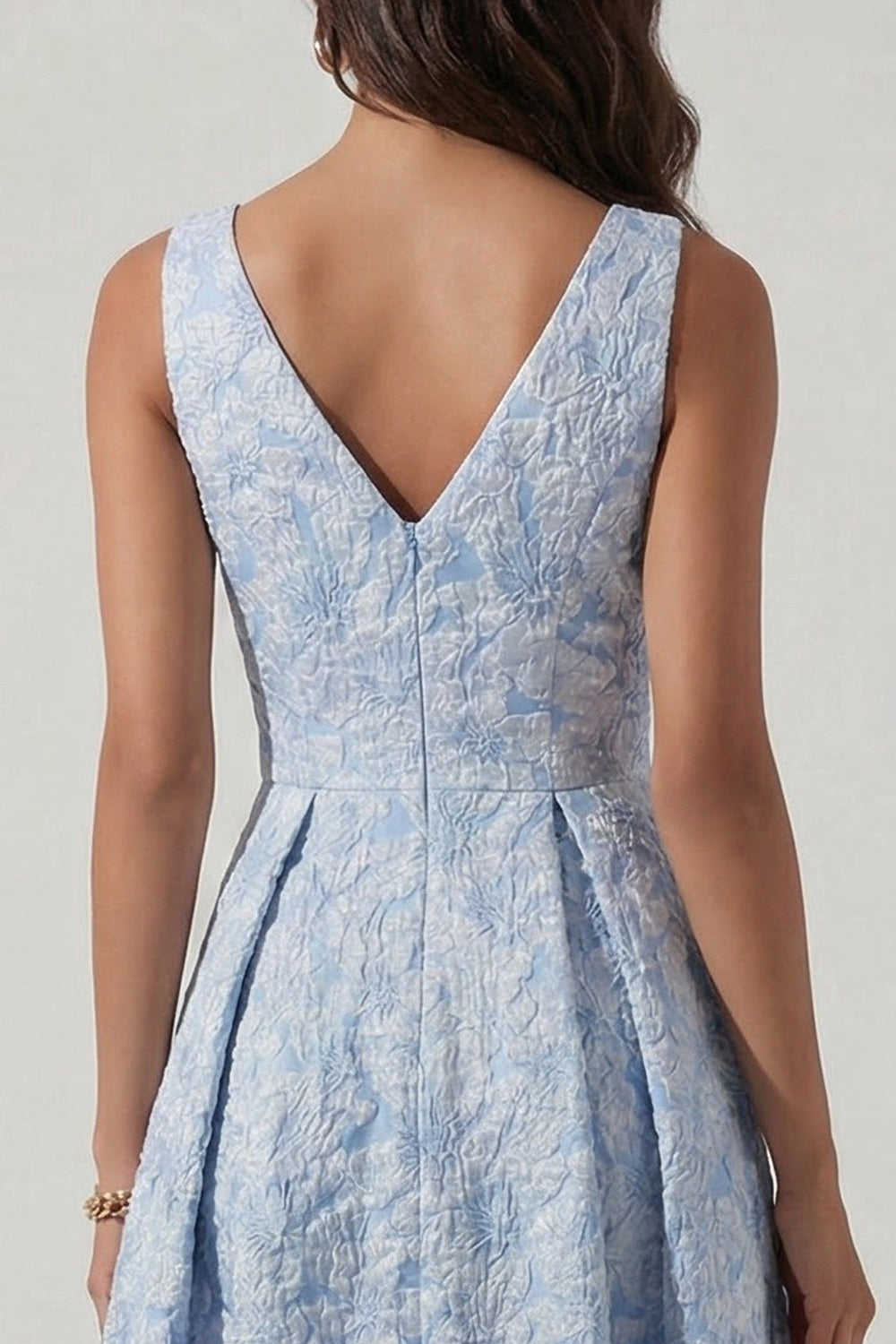 Blue Jacquard V-Neck A Line Ruched Long Floral Formal Dress