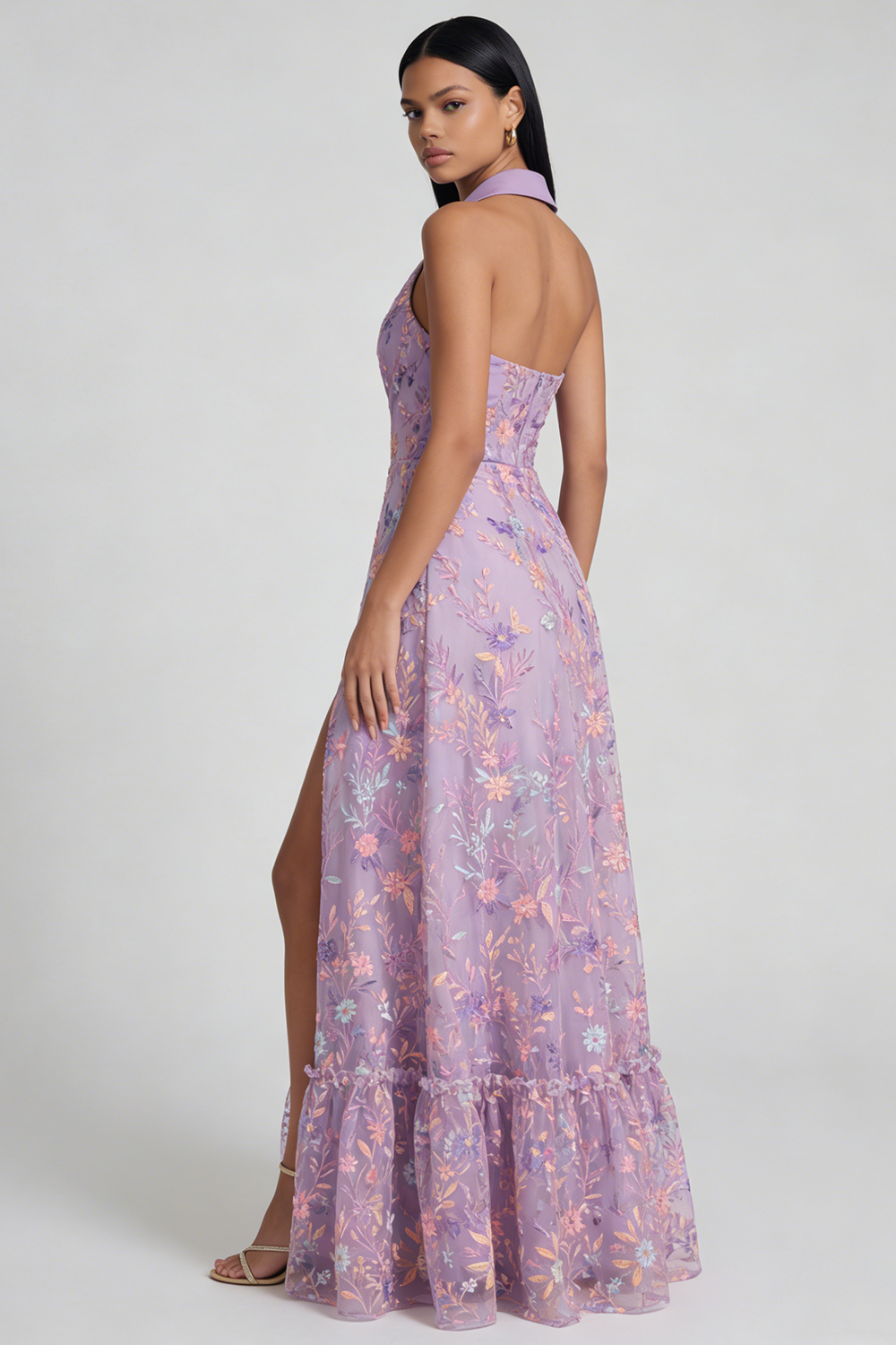 Elegant Lilac Collar A Line Ruched Long Floral Formal Dress with Slit