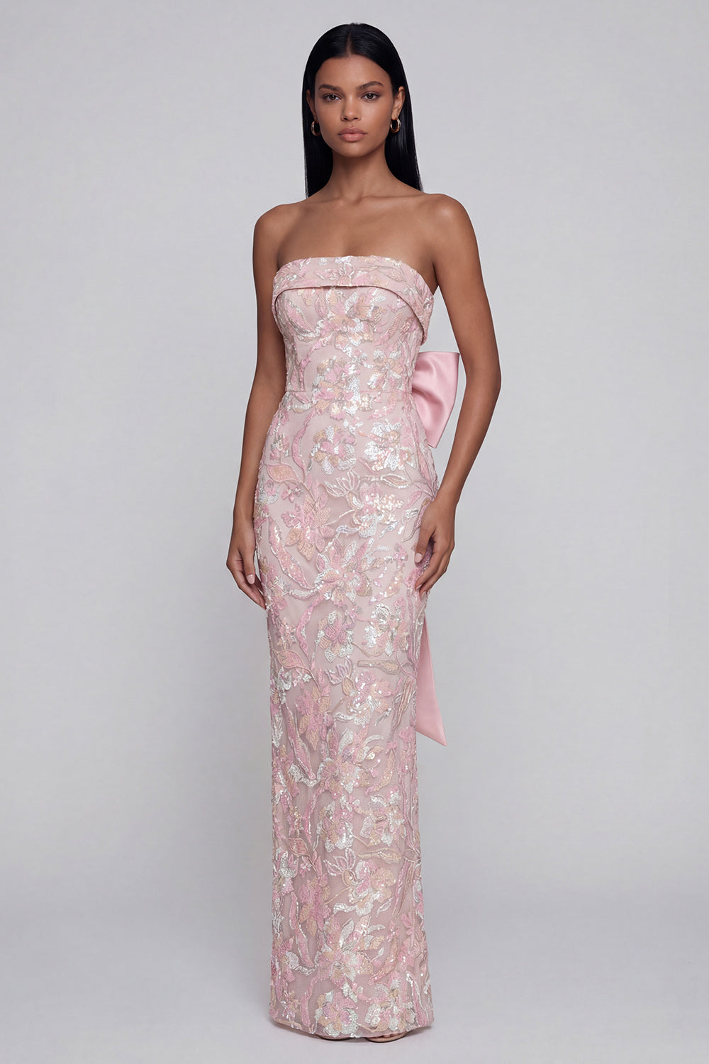 Sparkly Pink Strapless Mermaid Long Floral Formal Dress with Bow