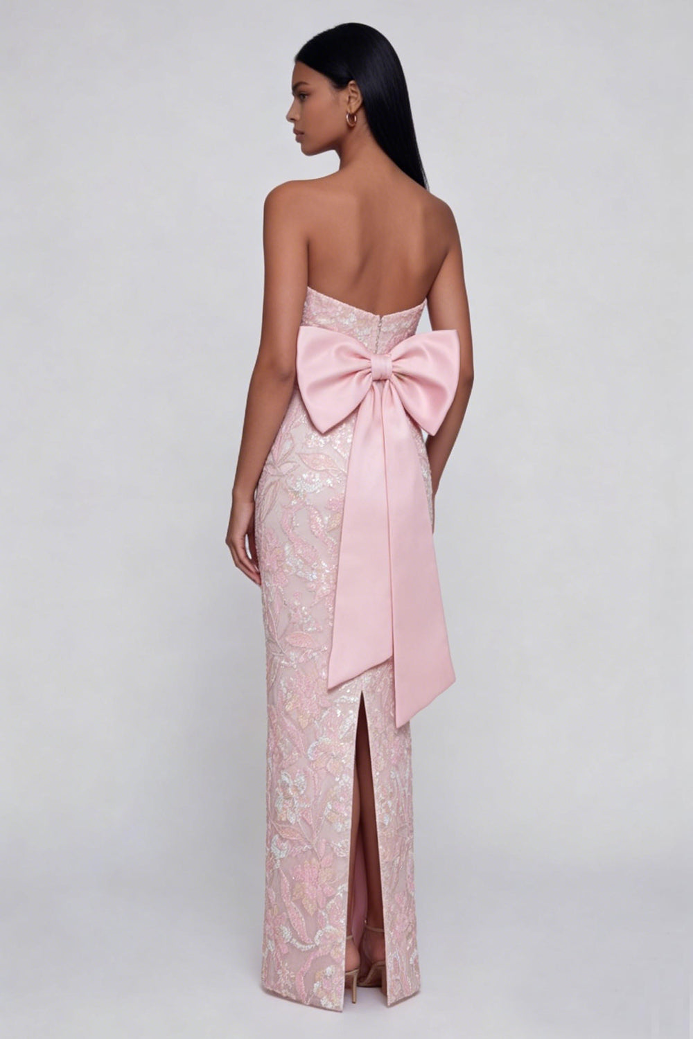 Sparkly Pink Strapless Mermaid Long Floral Formal Dress with Bow