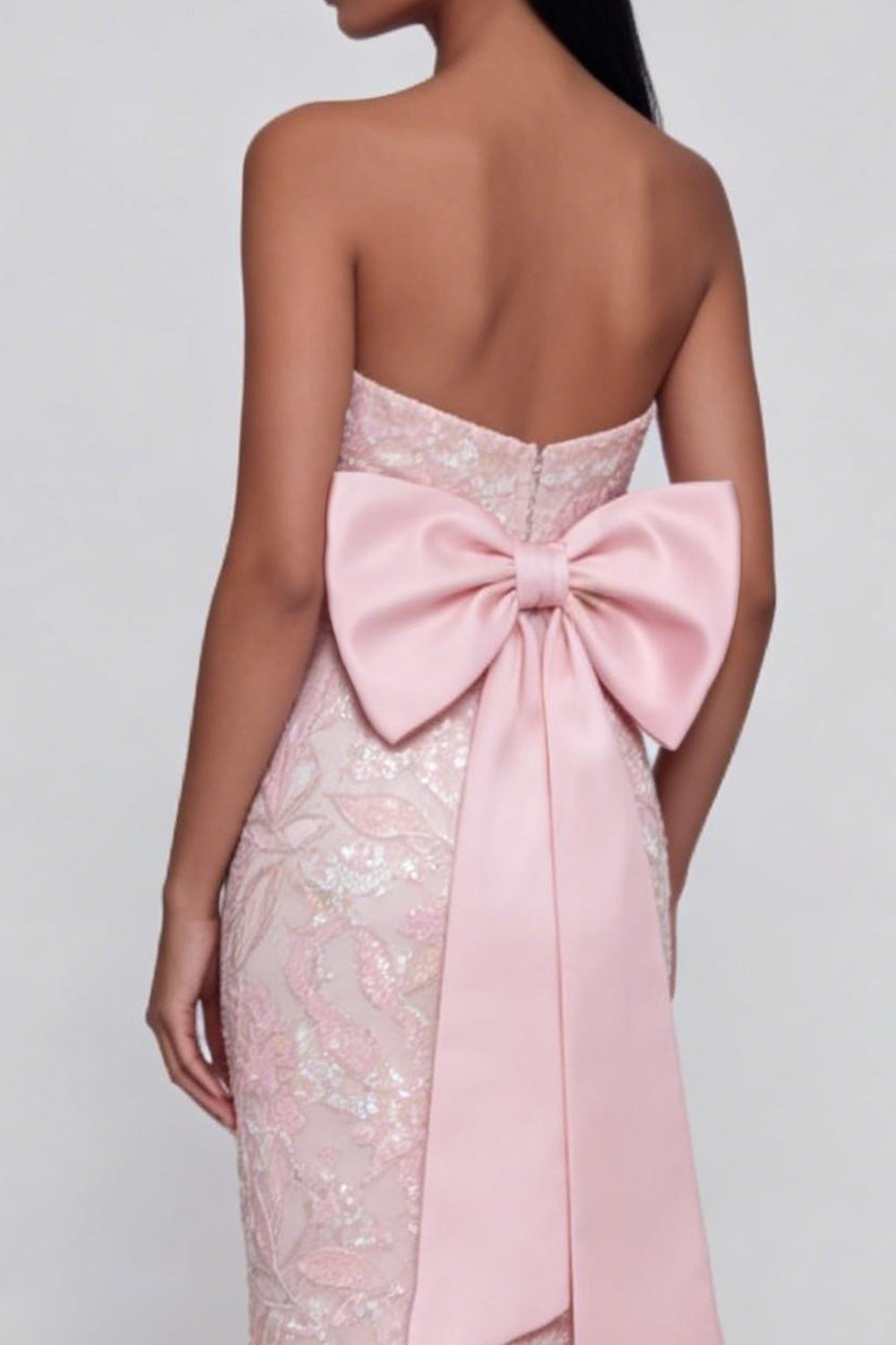 Sparkly Pink Strapless Mermaid Long Floral Formal Dress with Bow