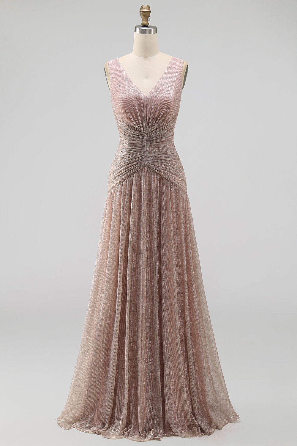 Sparkly Dusty Rose Sheath V-Neck Pleated Long Formal Dress