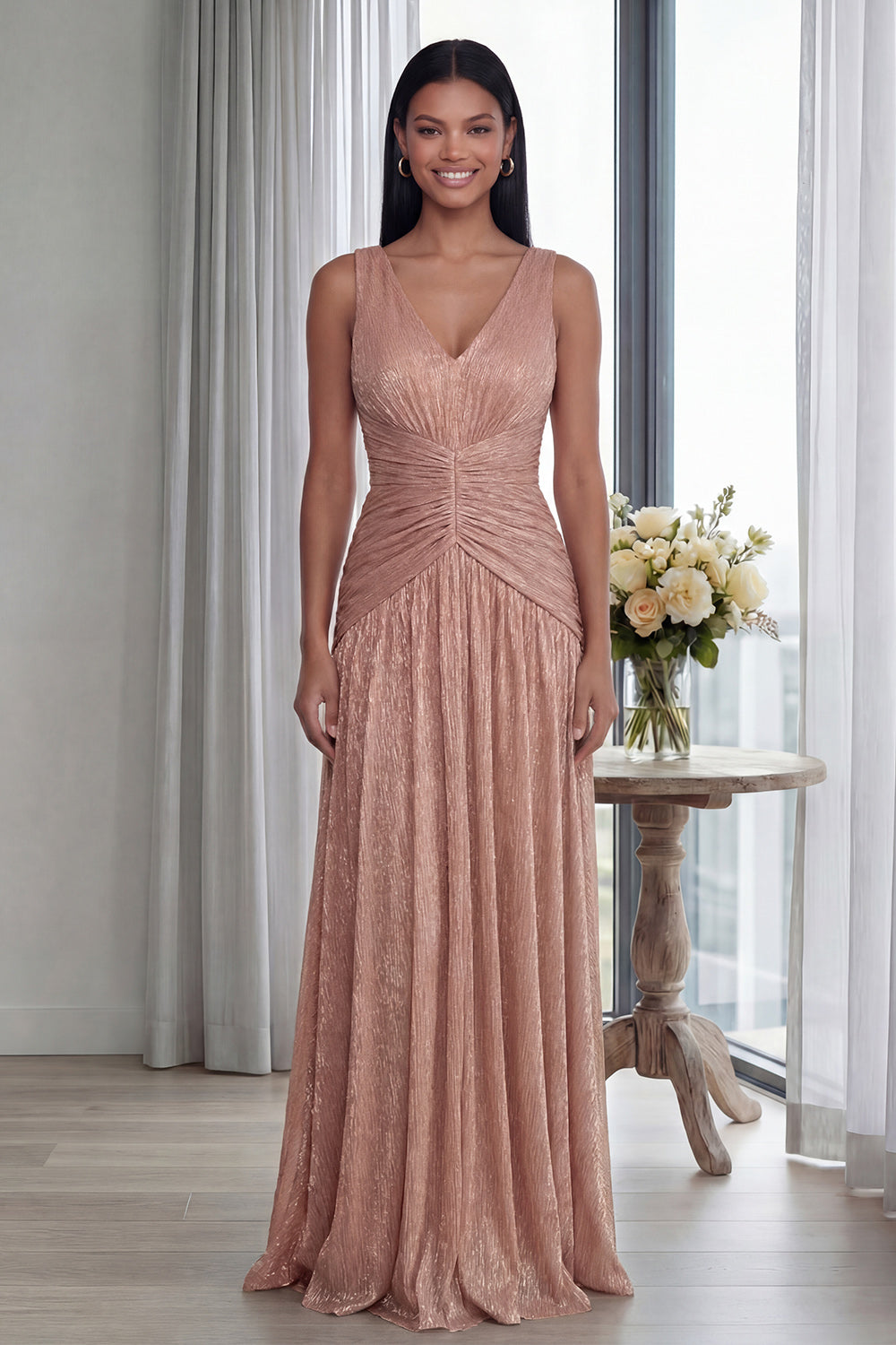 Sparkly Dusty Rose Sheath V-Neck Pleated Long Formal Dress