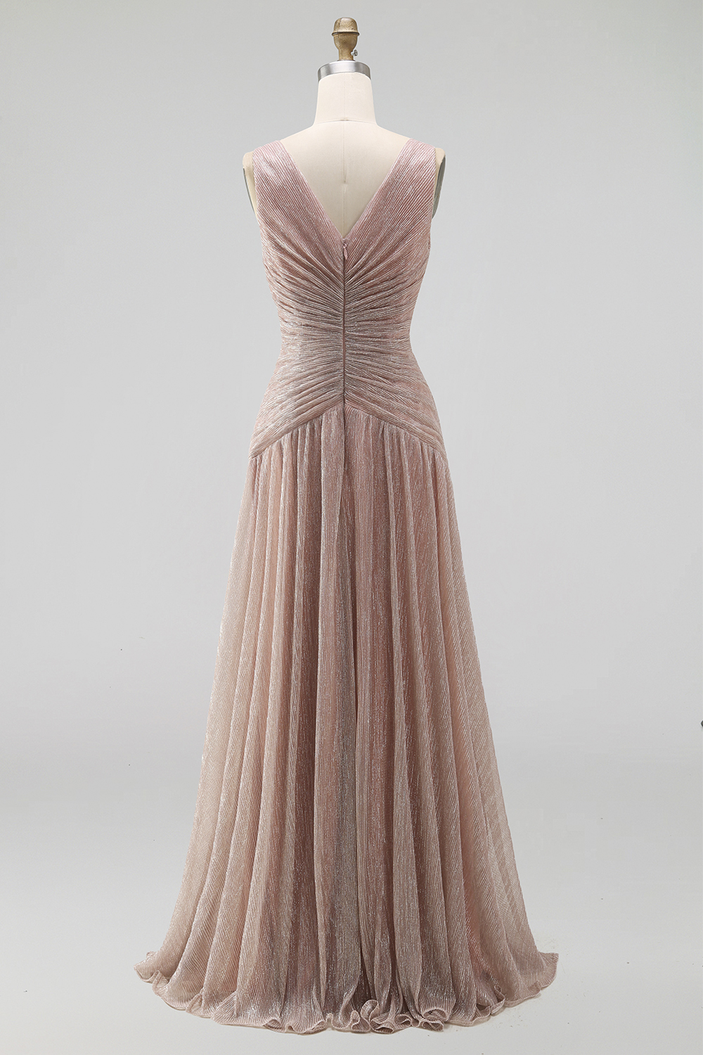 Sparkly Dusty Rose Sheath V-Neck Pleated Long Formal Dress