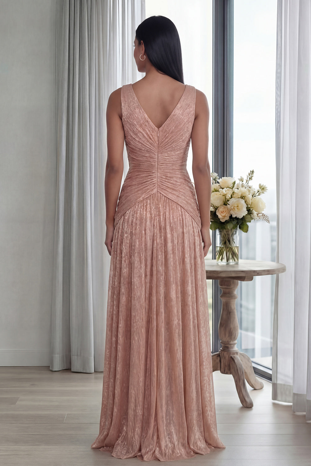 Sparkly Dusty Rose Sheath V-Neck Pleated Long Formal Dress