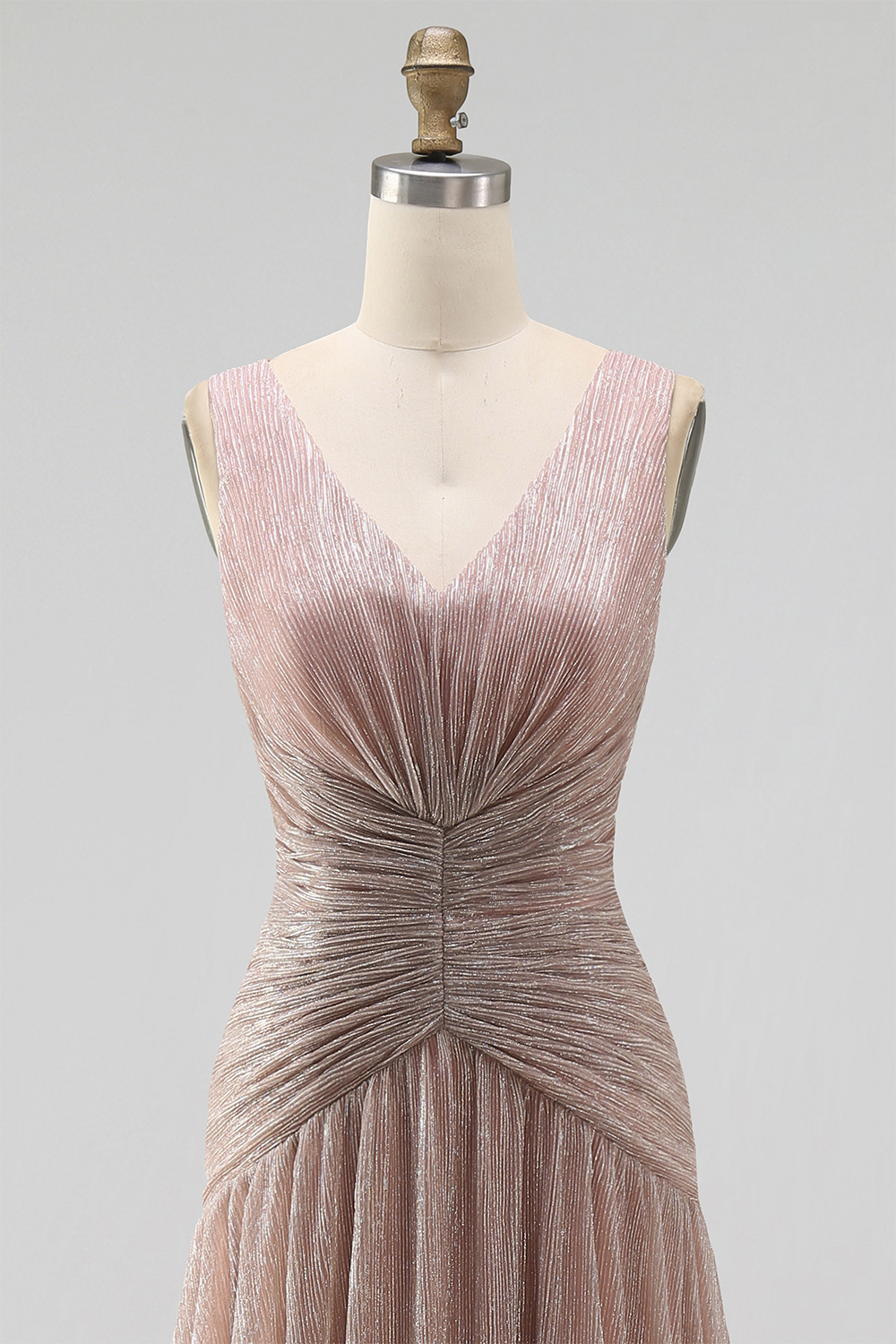 Sparkly Dusty Rose Sheath V-Neck Pleated Long Formal Dress
