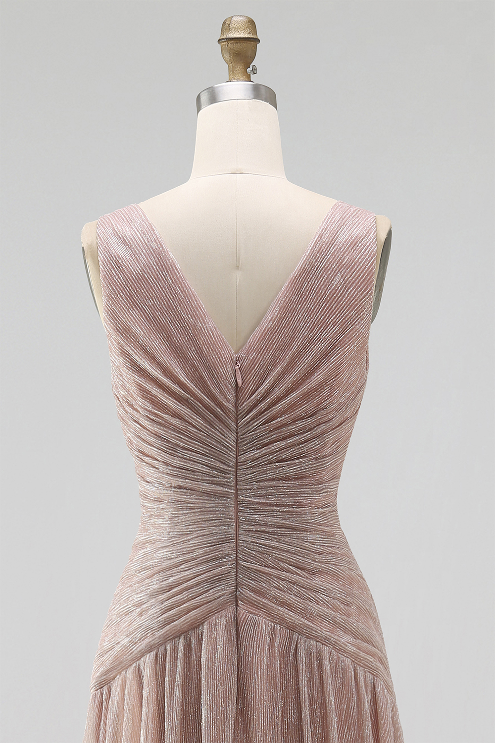 Sparkly Dusty Rose Sheath V-Neck Pleated Long Formal Dress