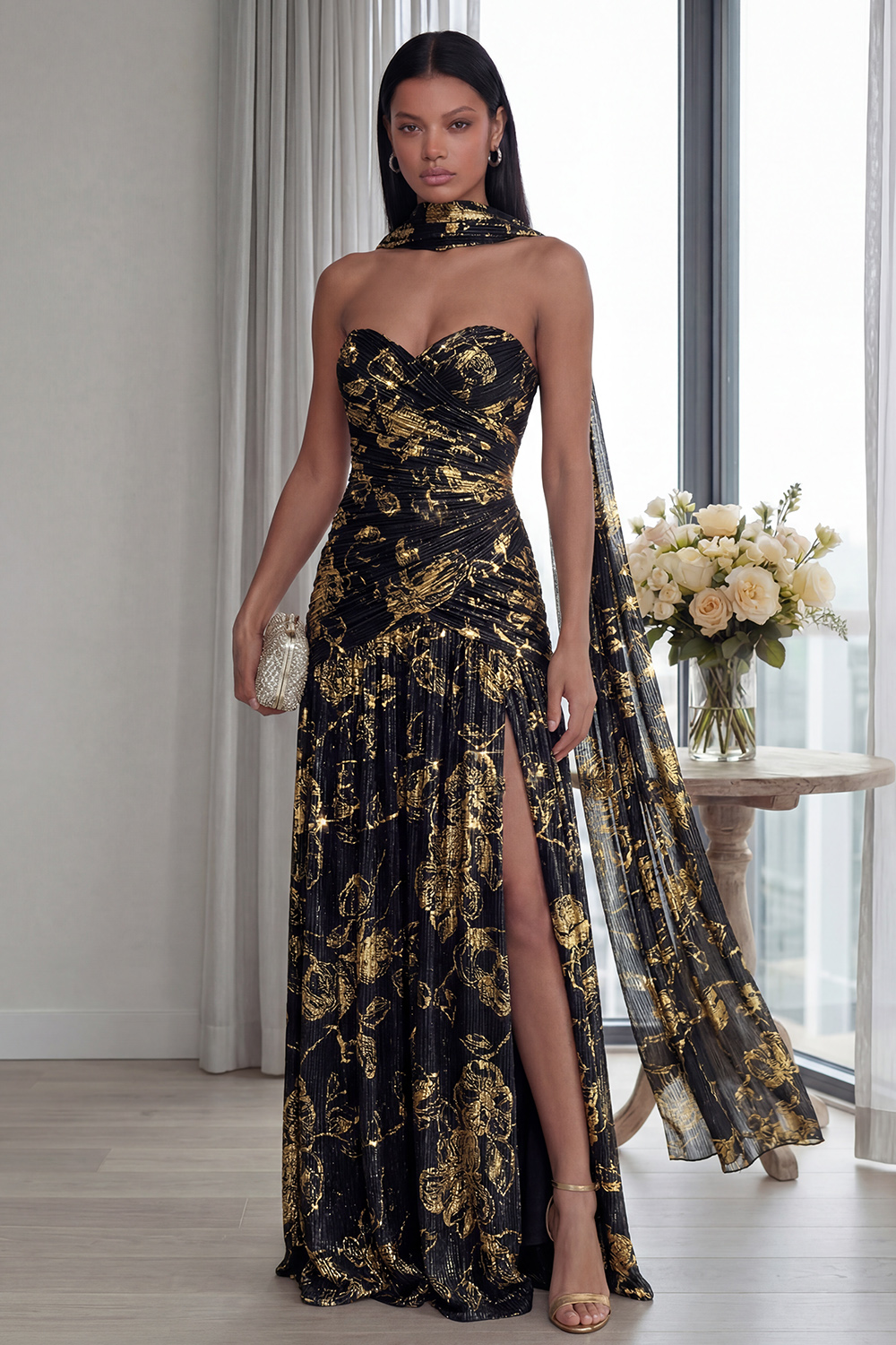 Glitter Dusty Sage Sweetheart Neck Scarf Pleated Long Formal Dress with Slit