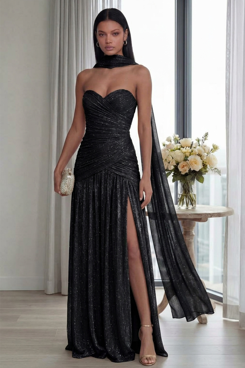 Glitter Dusty Sage Sweetheart Neck Scarf Pleated Long Formal Dress with Slit