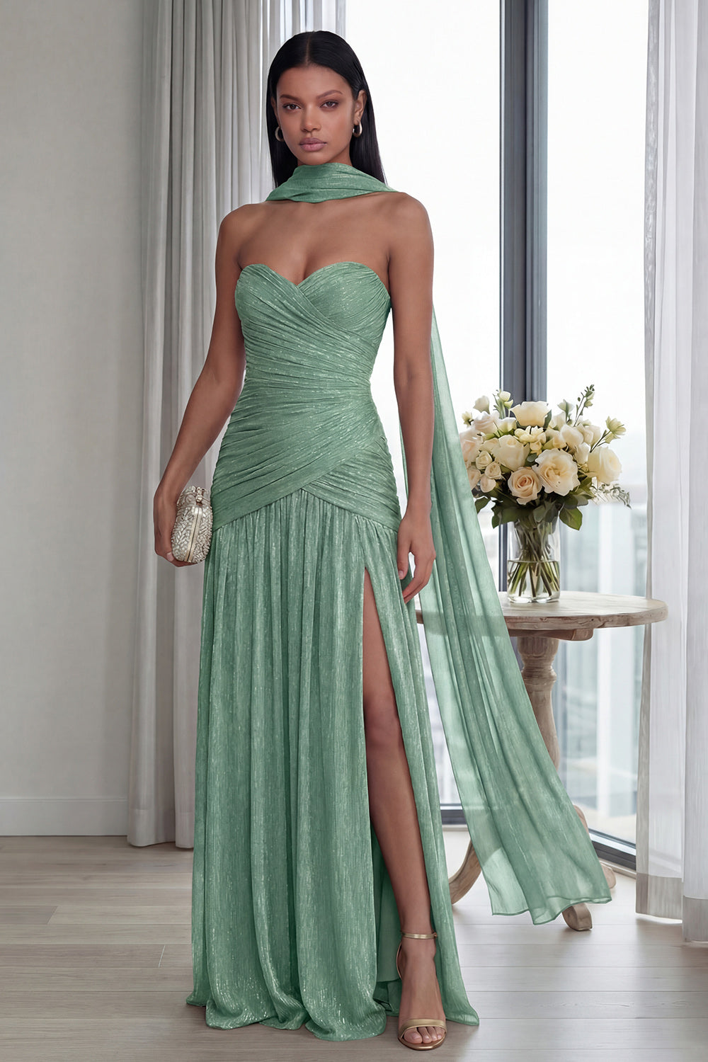 Glitter Dusty Sage Sweetheart Neck Scarf Pleated Long Formal Dress with Slit