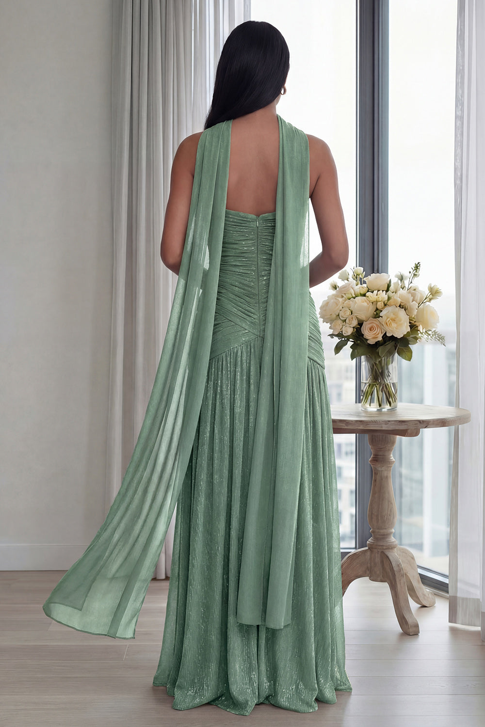 Glitter Dusty Sage Sweetheart Neck Scarf Pleated Long Formal Dress with Slit