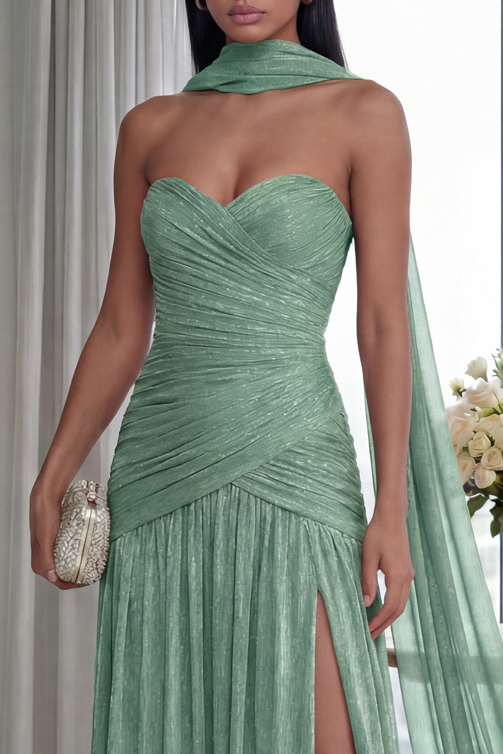 Glitter Dusty Sage Sweetheart Neck Scarf Pleated Long Formal Dress with Slit