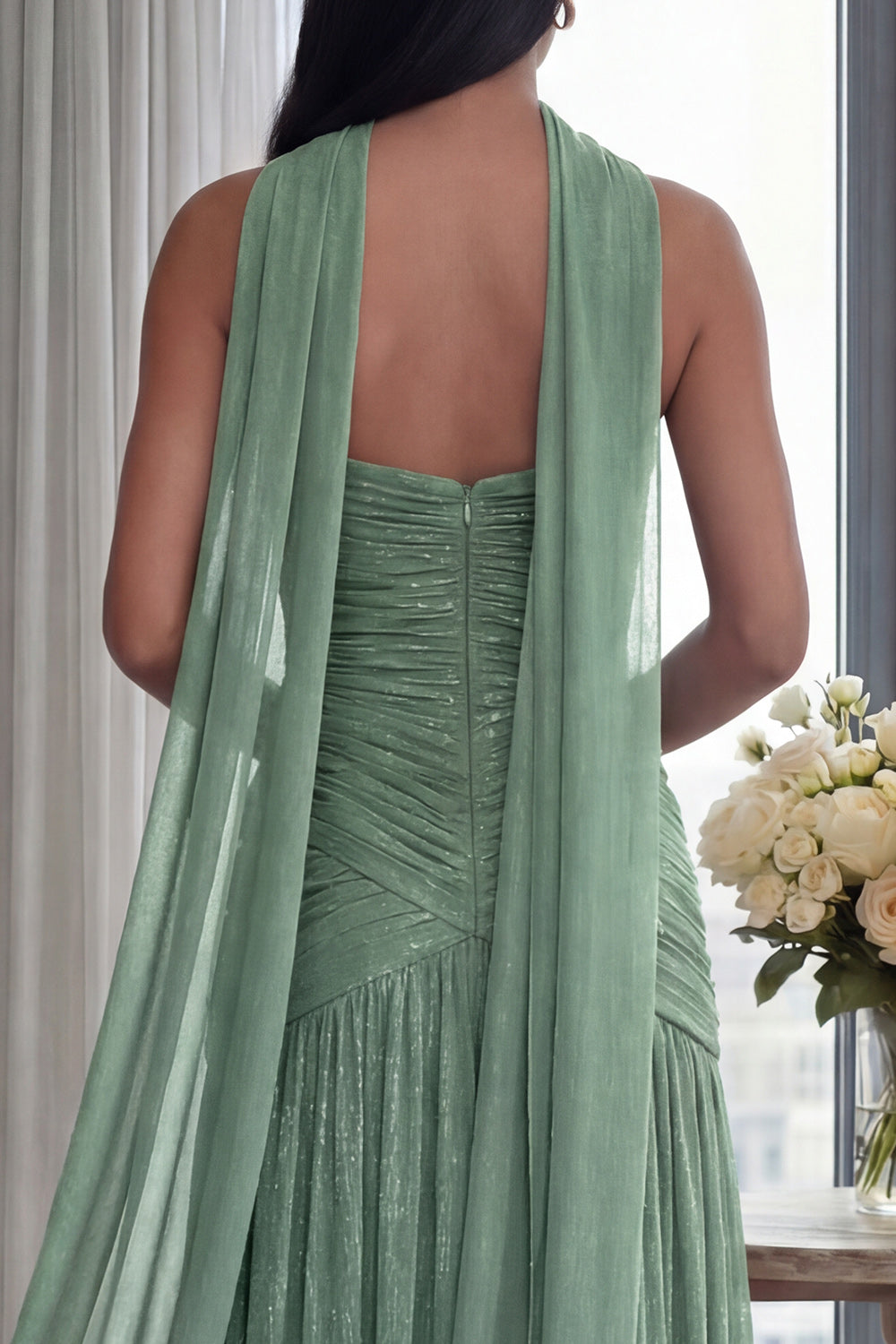 Glitter Dusty Sage Sweetheart Neck Scarf Pleated Long Formal Dress with Slit
