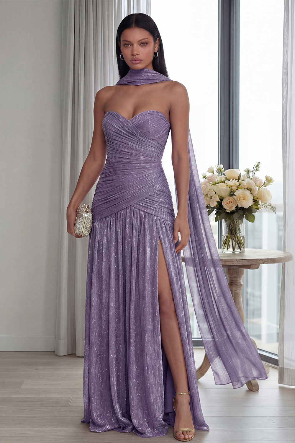 Glitter Dusty Sage Sweetheart Neck Scarf Pleated Long Formal Dress with Slit