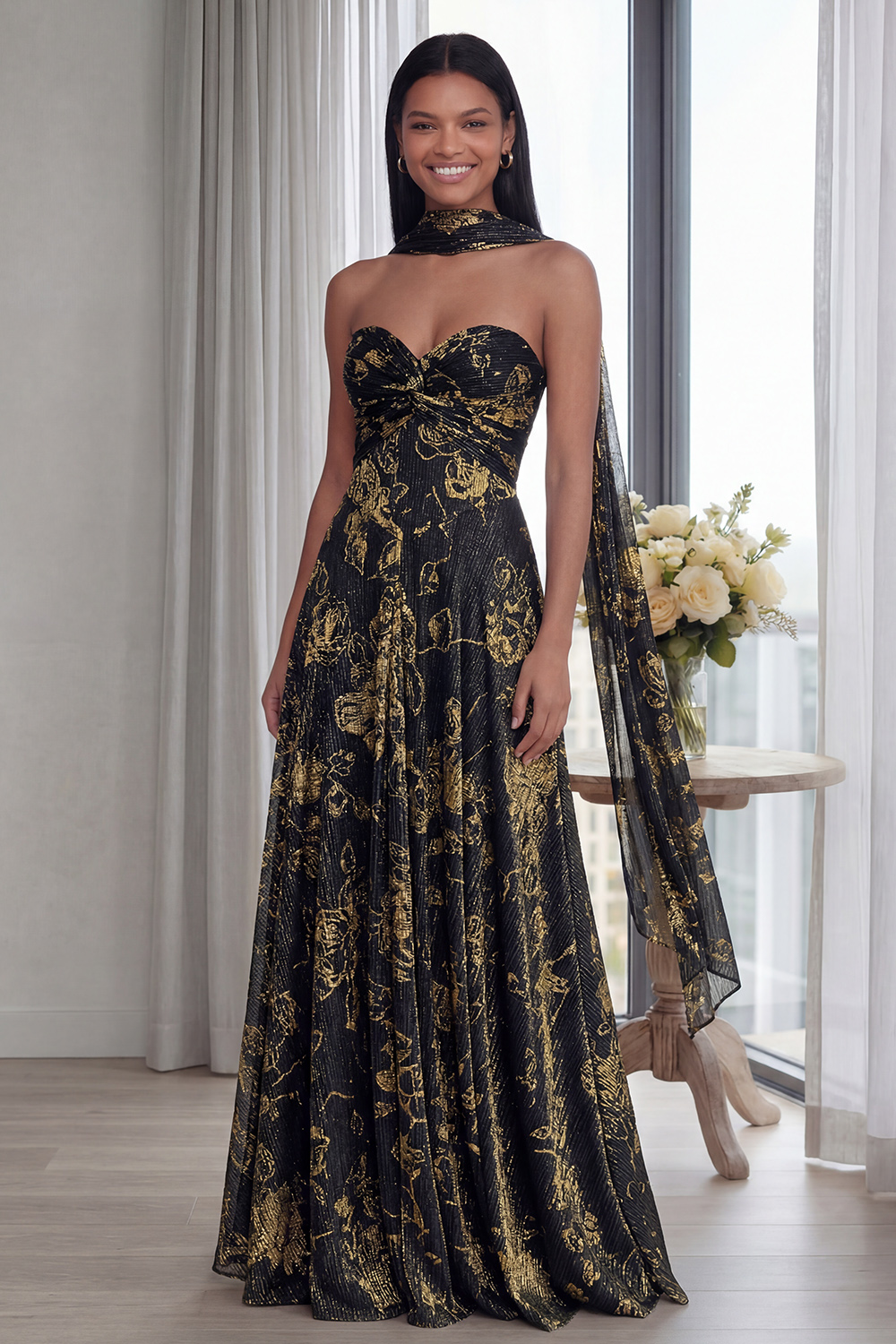 Glitter Sky Blue A Line Neck Scarf Sweetheart Long Formal Dress with Ruffles