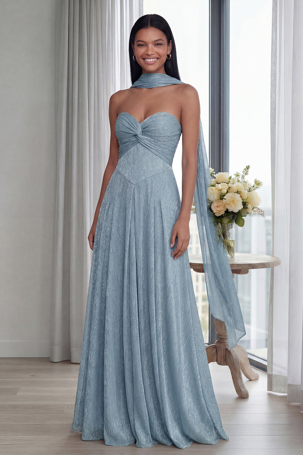 Glitter Sky Blue A Line Neck Scarf Sweetheart Long Formal Dress with Ruffles