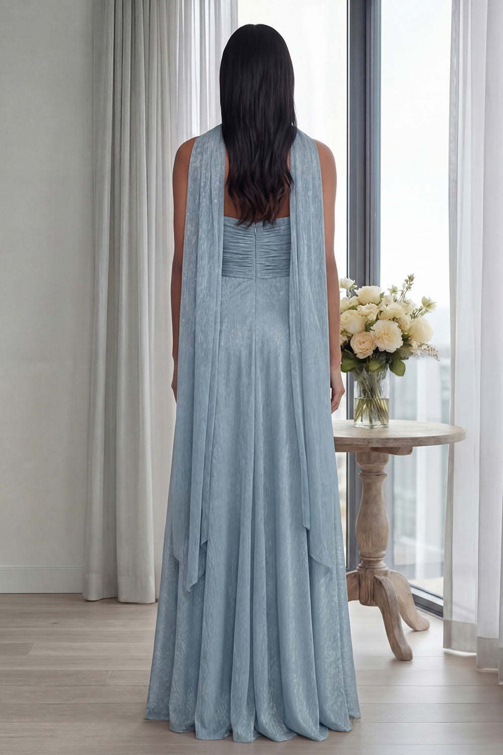 Glitter Sky Blue A Line Neck Scarf Sweetheart Long Formal Dress with Ruffles