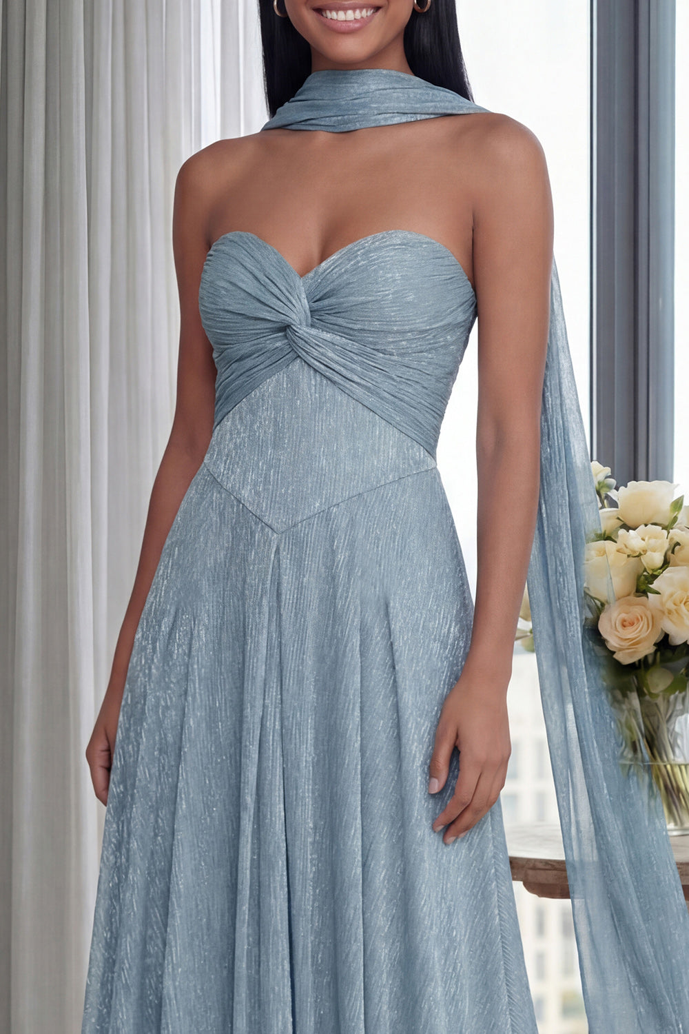 Glitter Sky Blue A Line Neck Scarf Sweetheart Long Formal Dress with Ruffles